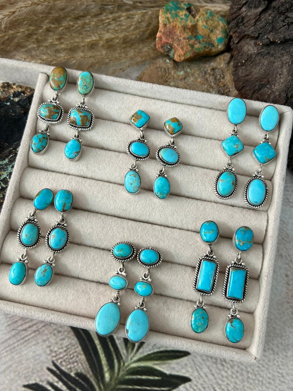 Handmade Sterling Silver Santa Maria Turquoise Post Dangle Earrings "Signed Nizhoni"