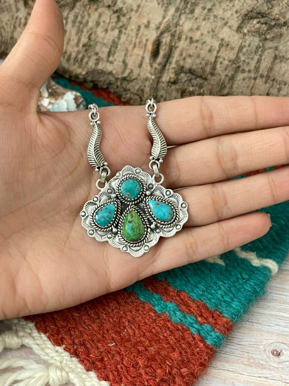 Handmade Sterling Silver Sonoran Mountain Turquoise with White Water Turquoise Necklace "Signed Nizhoni"