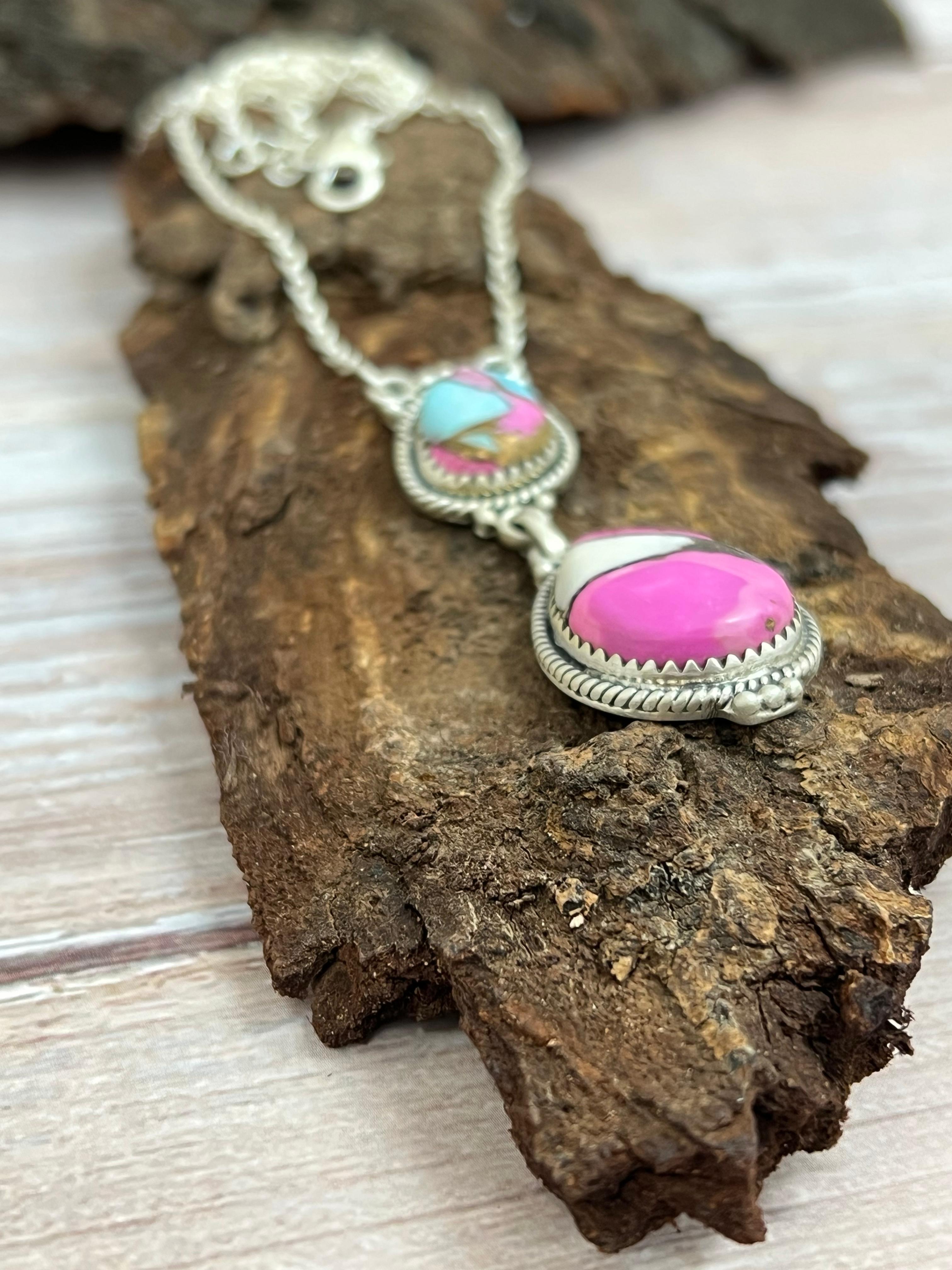 Handmade Sterling Silver Cotton Candy Turquoise Necklace with Signed Nizhoni