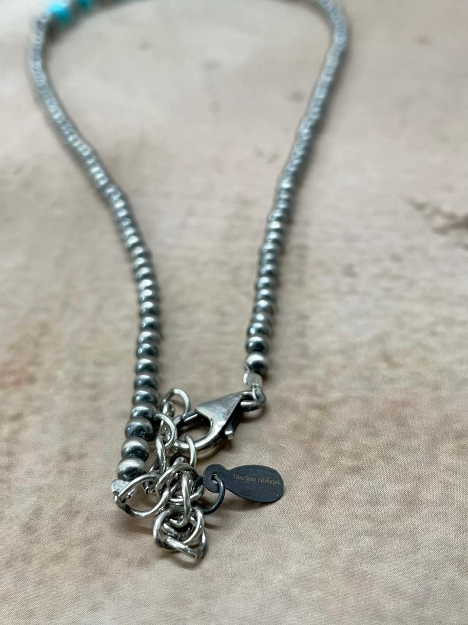 Handmade Sterling Silver Kingman Turquoise Beaded Necklace "Signed Nizhoni" (6)