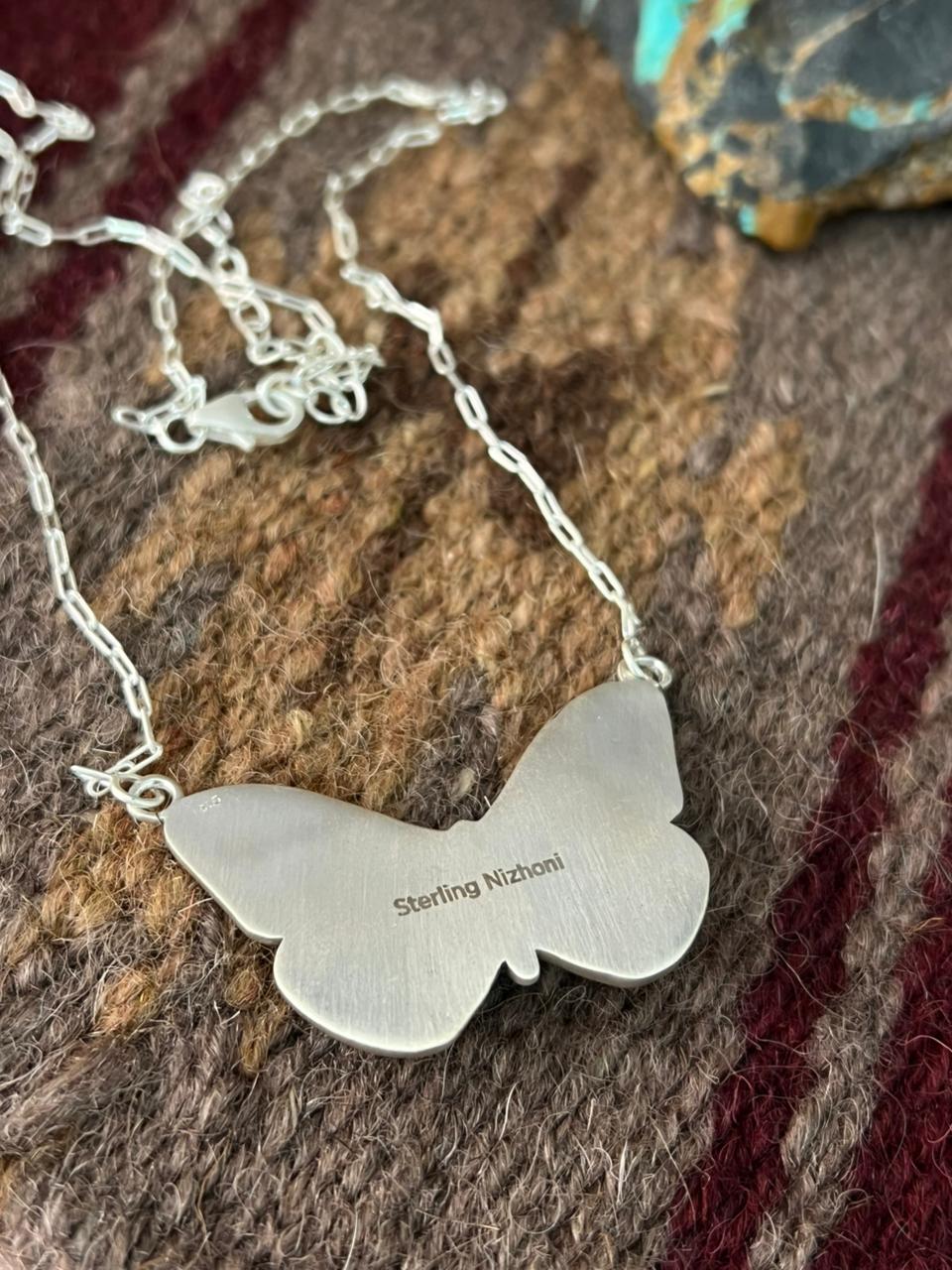 Handmade Sterling Silver Blue Turquoise Butterfly Necklace "Signed Nizhoni"