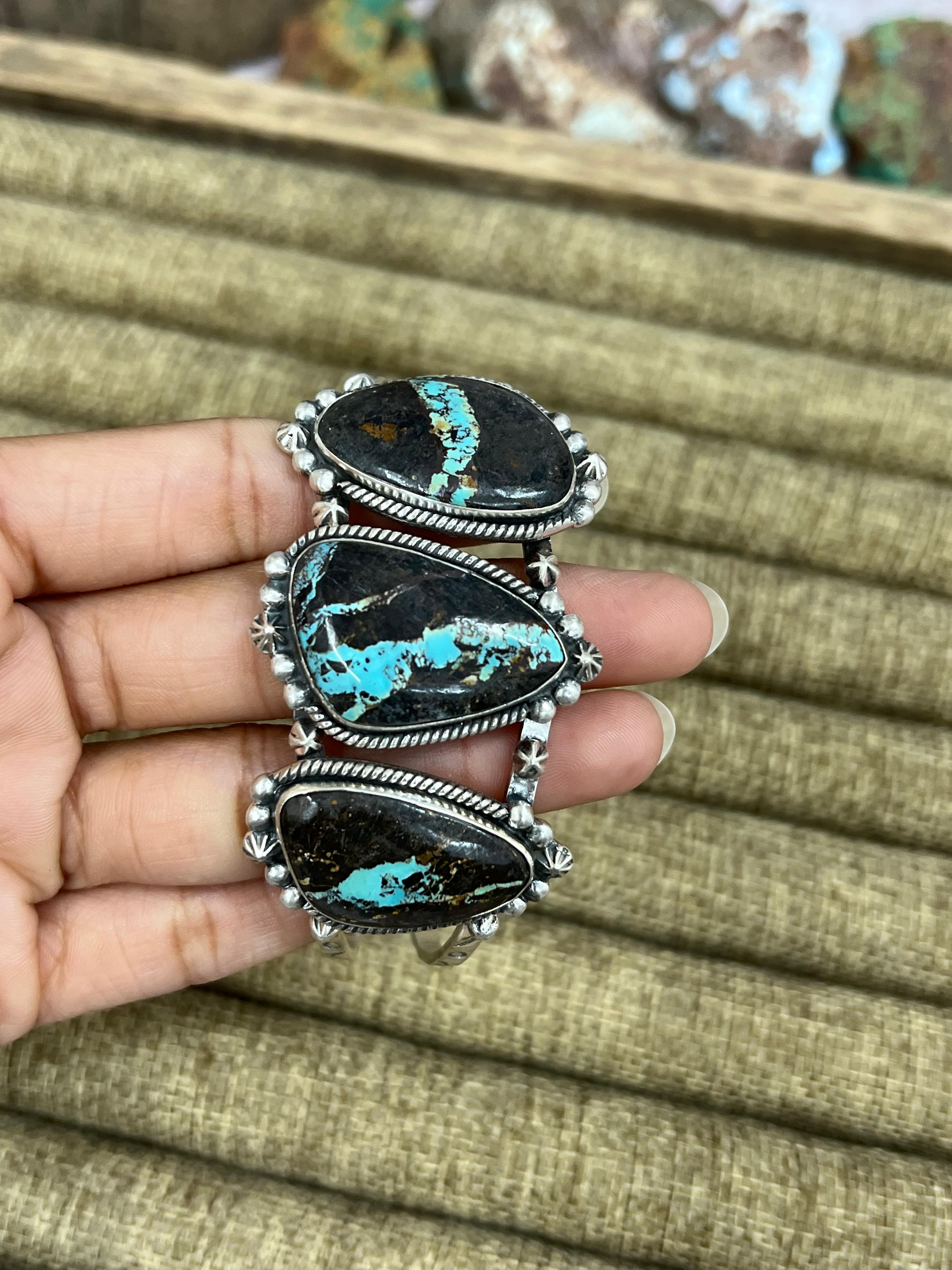 Handmade Sterling Silver Black Jack Cuff Bracelet with Signed Nizhoni