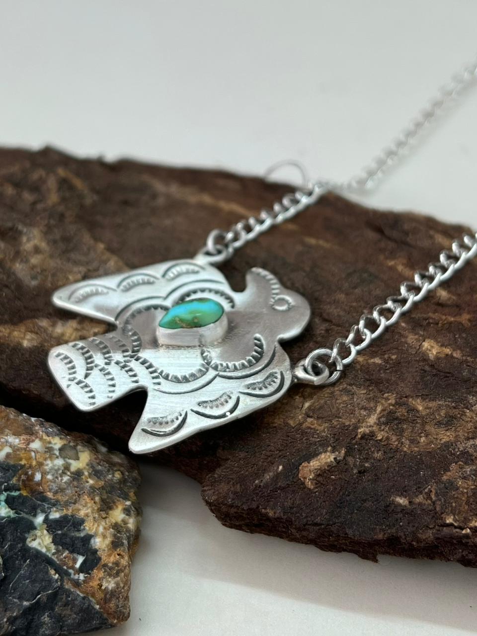 Handmade Sterling Silver Sonoran Mountain Turquoise Thunder Bird Necklace "Signed Nizhoni"