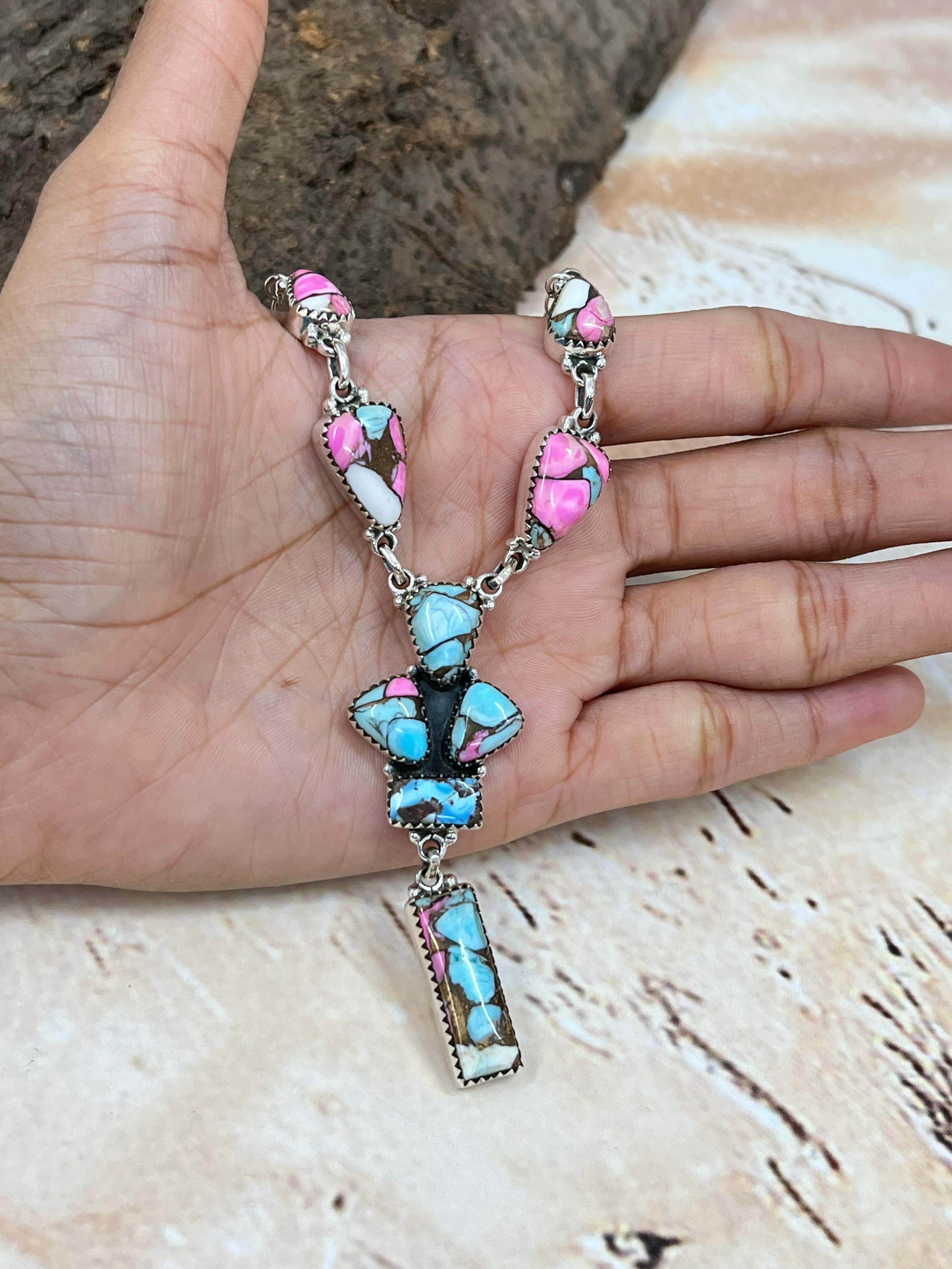 Handmade Sterling Silver Cotton Candy Turquoise Necklace with Signed Nizhoni