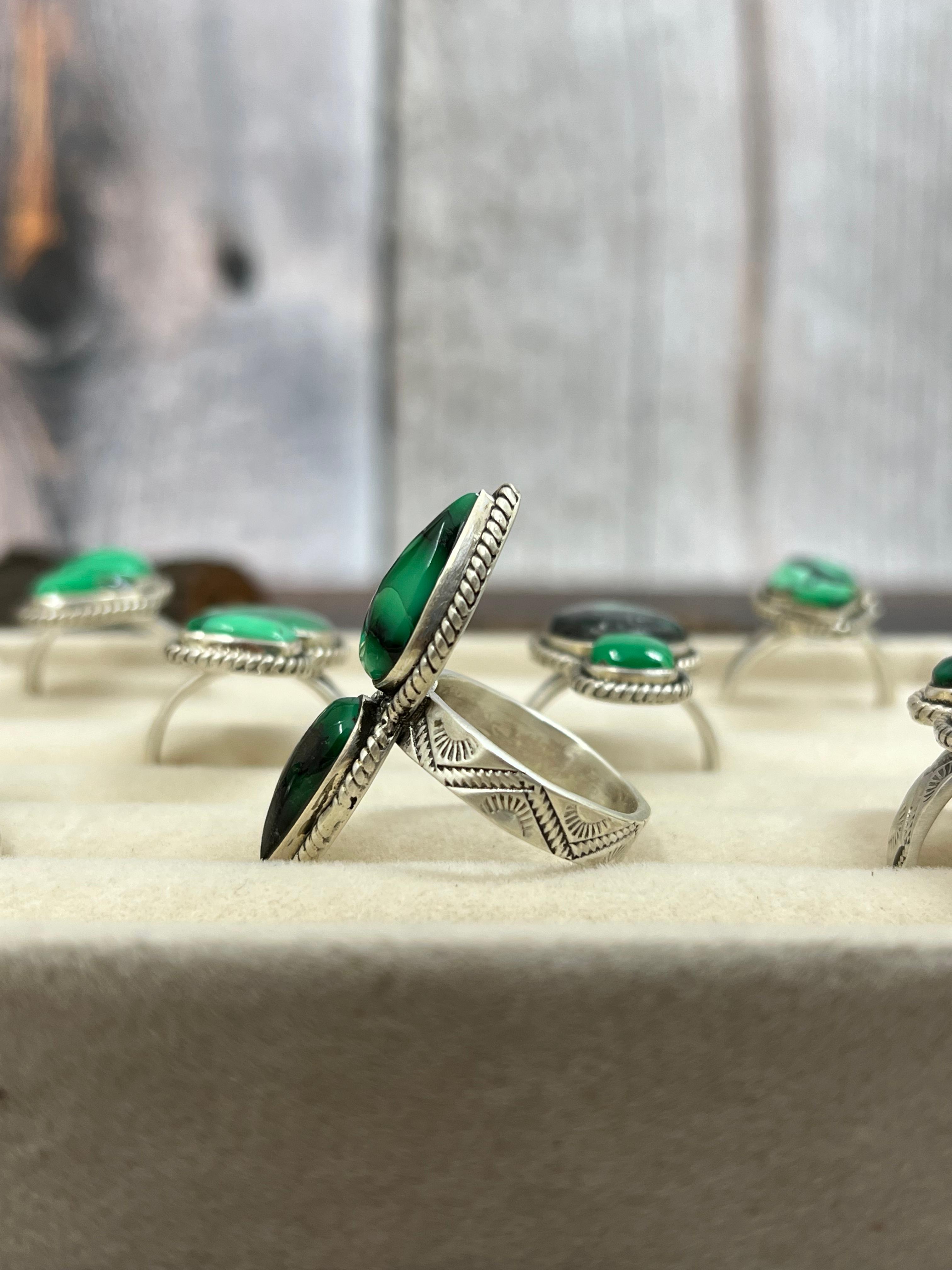 Handmade Sterling Silver Emerald Rose Variscite Adjustable Ring Signed Nizhoni