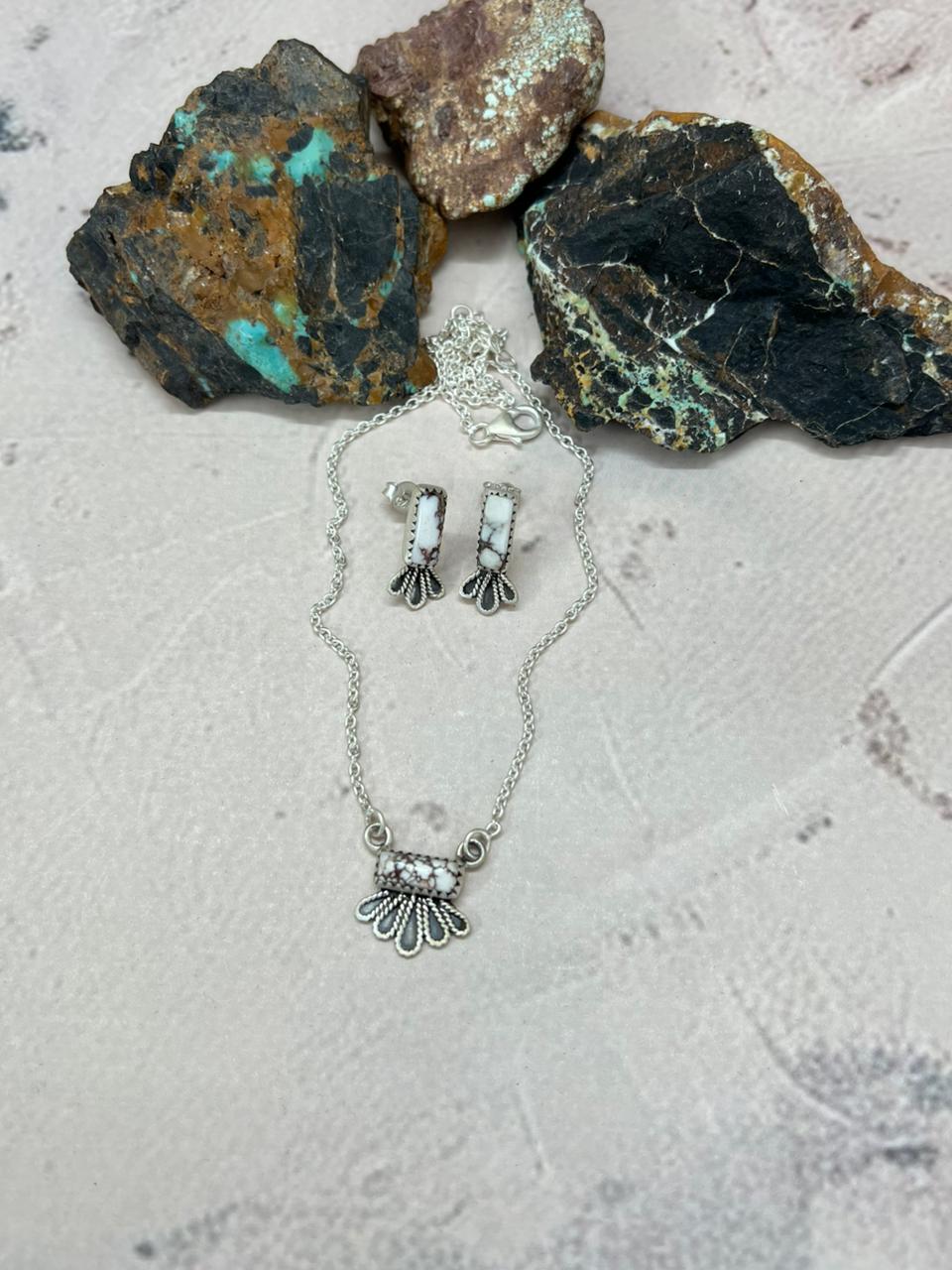 Handmade Sterling Silver Wildhorse Magnesite Necklace Earrings Set "Signed Nizhoni"