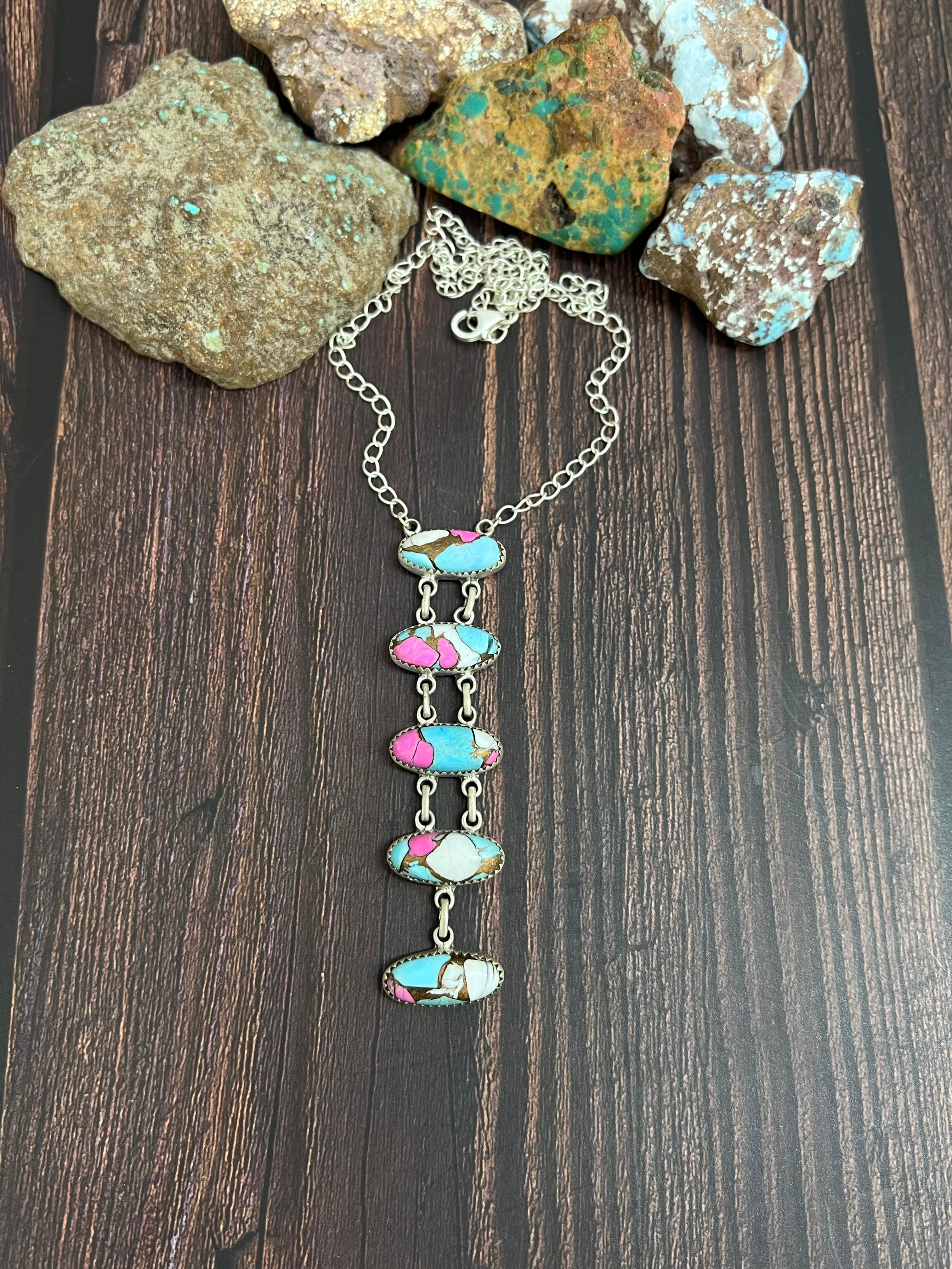 Handmade Sterling Silver Cotton Candy Turquoise Stairs Necklace with Signed Nizhoni (9)