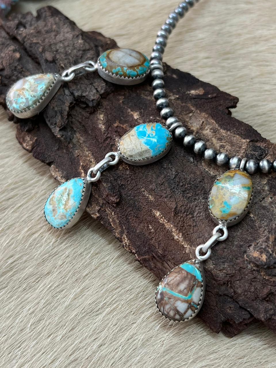 Handmade Sterling Silver Royston Ribbon Turquoise Beaded Necklace "Signed Nizhoni"