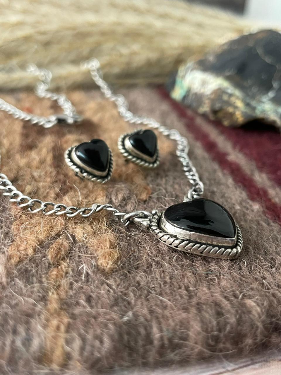 Handmade Sterling Silver Black Onyx Heart Necklace Earrings Set "Signed Nizhoni"