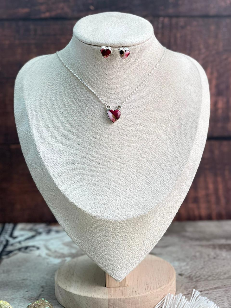 Handmade Sterling Silver Dahlia Rose Heart Necklace Earrings Set "Signed Nizhoni"