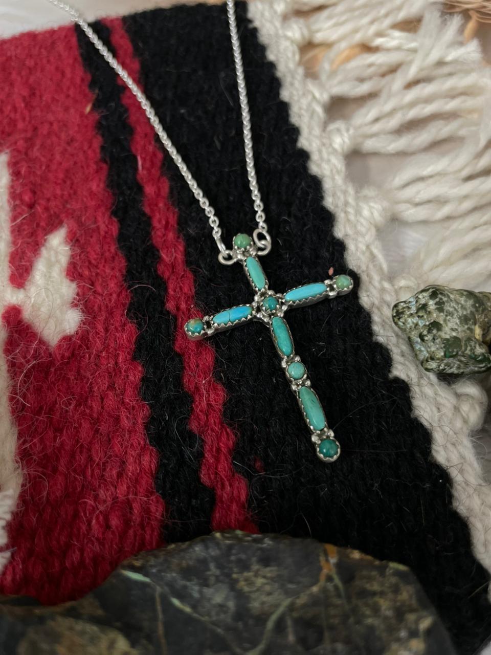 Handmade Sterling Silver Kingman Turquoise Cross Necklace "Signed Nizhoni"