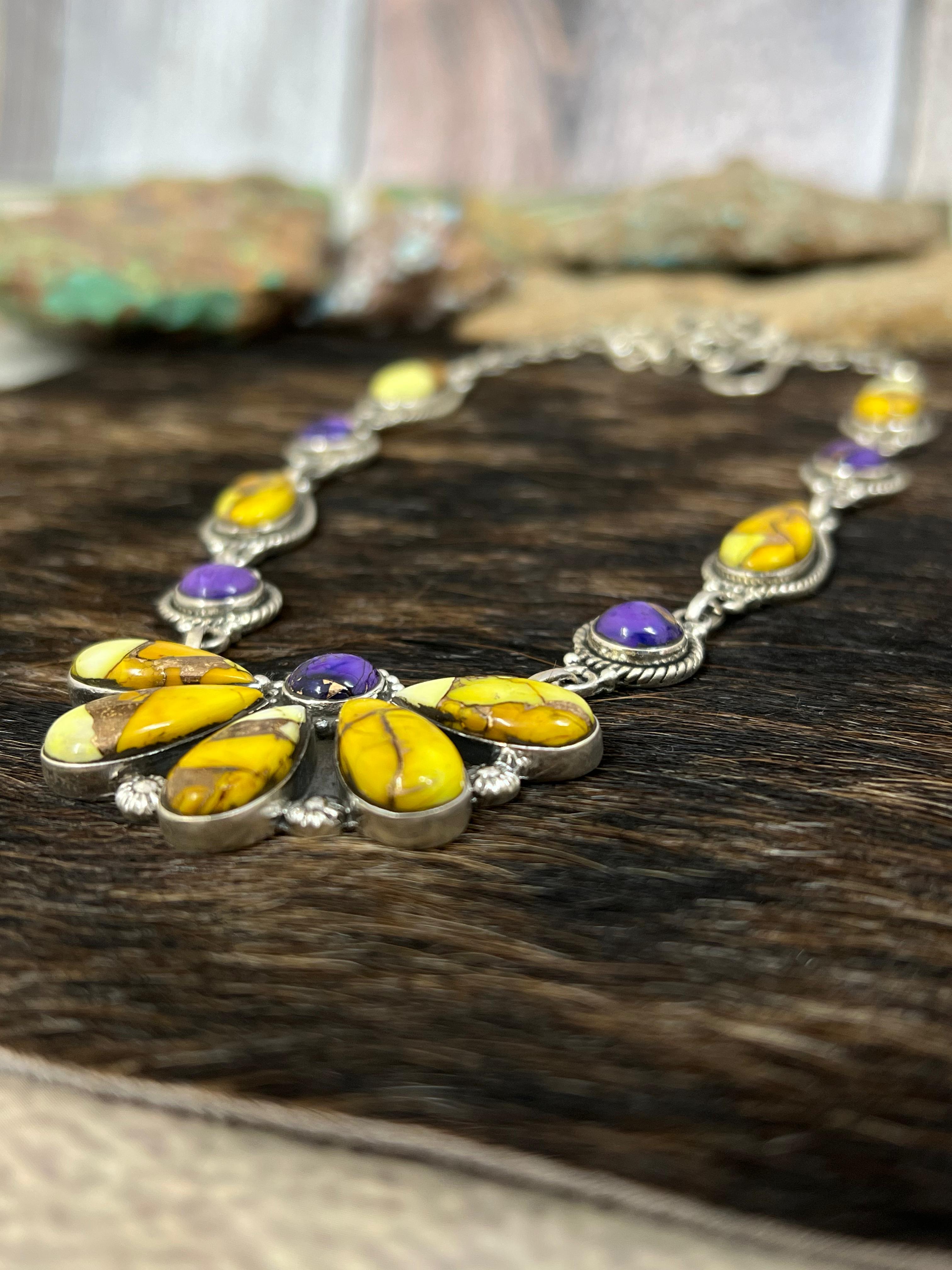 Handmade Sterling Silver Grape Dahlia, Honey Dahlia Necklace with Signed Nizhoni