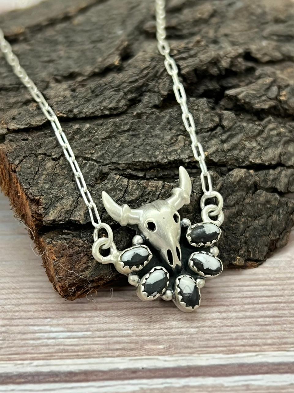 Handmade Sterling Silver White Buffalo Bull Necklace "Signed Nizhoni"