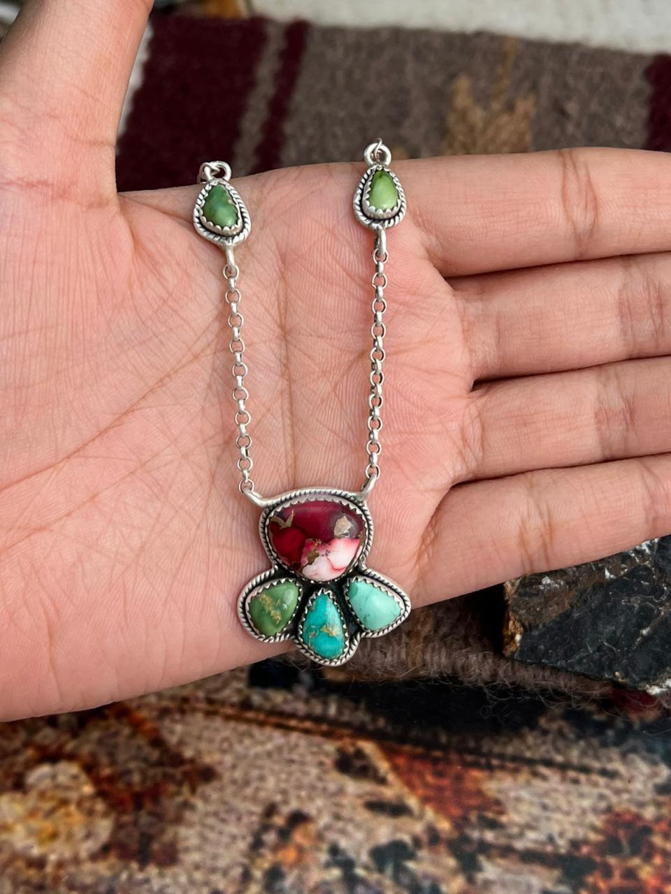 Handmade Sterling Silver Dahlia Rose with Emerald Valley Turquoise Necklace "Signed Nizhoni"