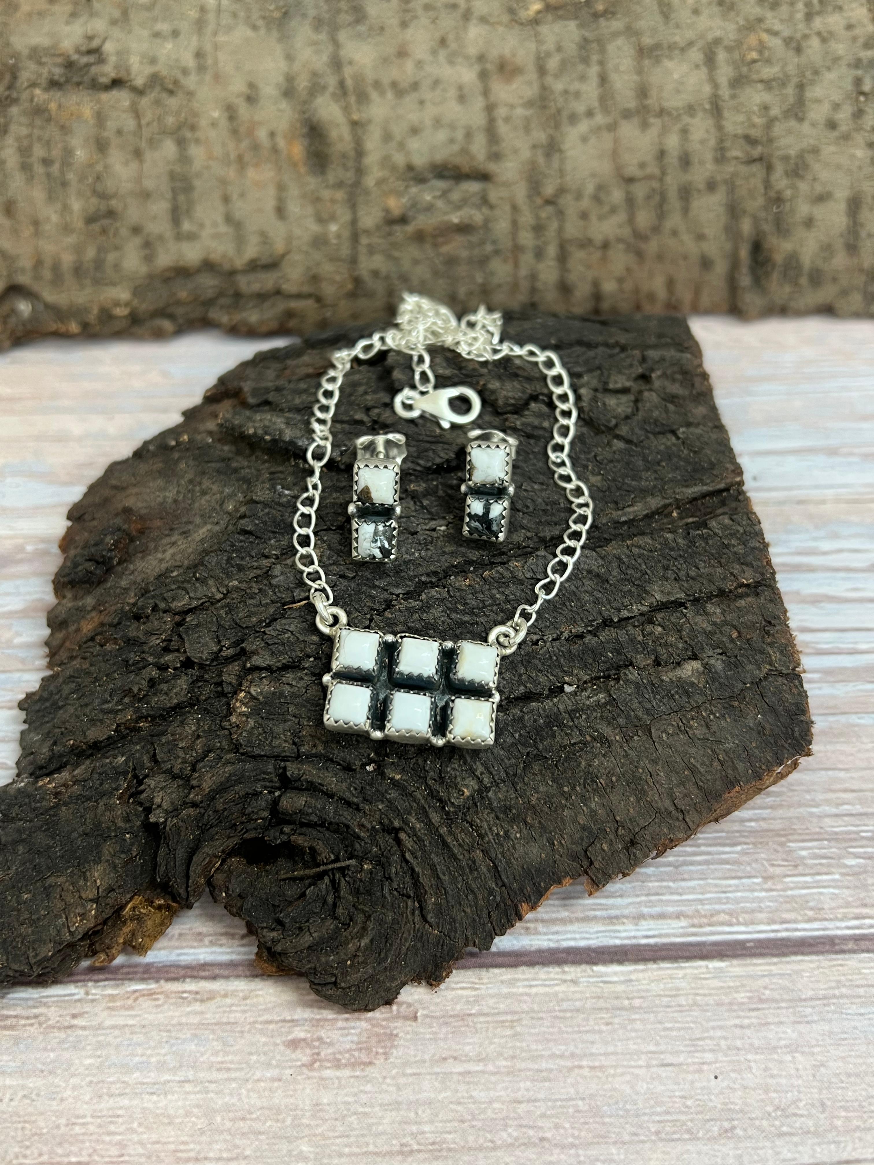 Handmade Sterling Silver White Buffalo Necklace & Earrings Set Signed Nizhoni