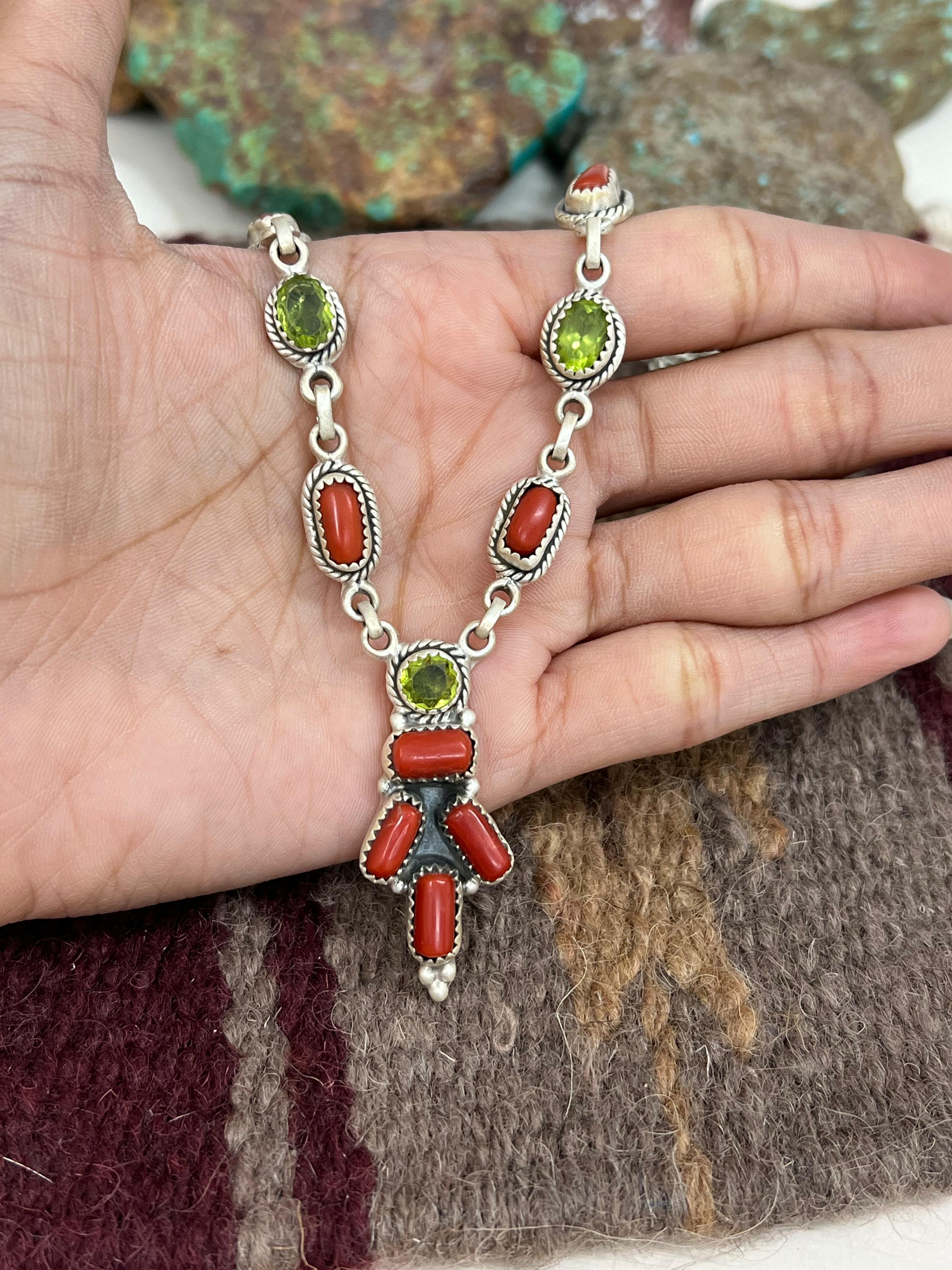 Christmas Collection Handmade Sterling Silver Coral with Peridot Necklace with Signed Nizhoni