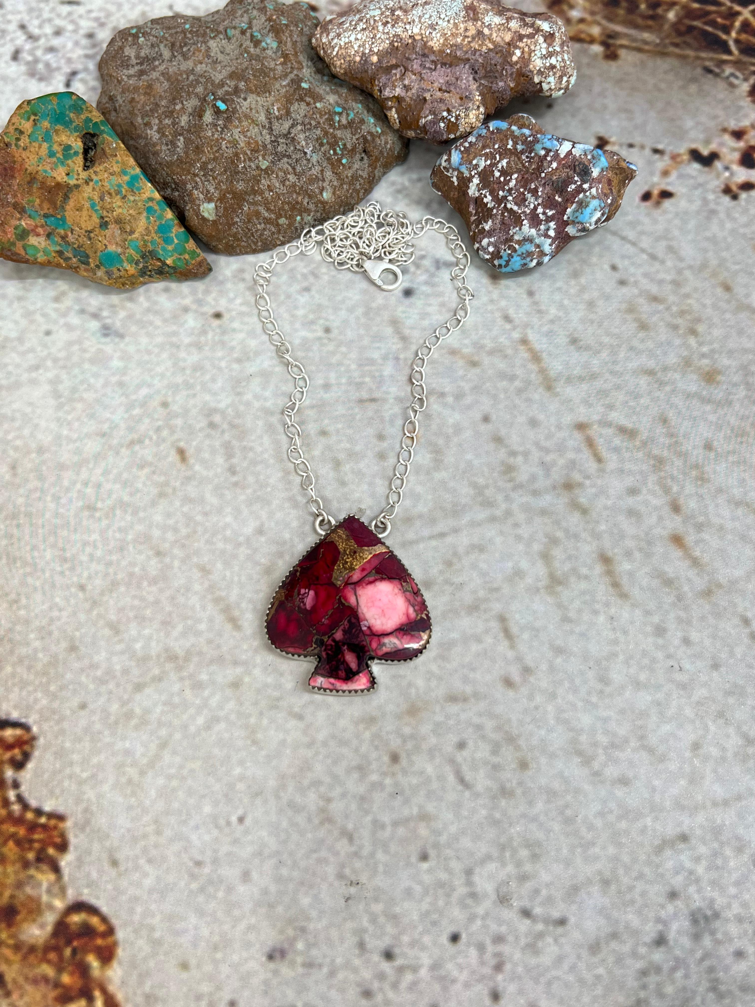 Handmade Sterling Silver Dahlia Rose Spade Necklace with Signed Nizhoni