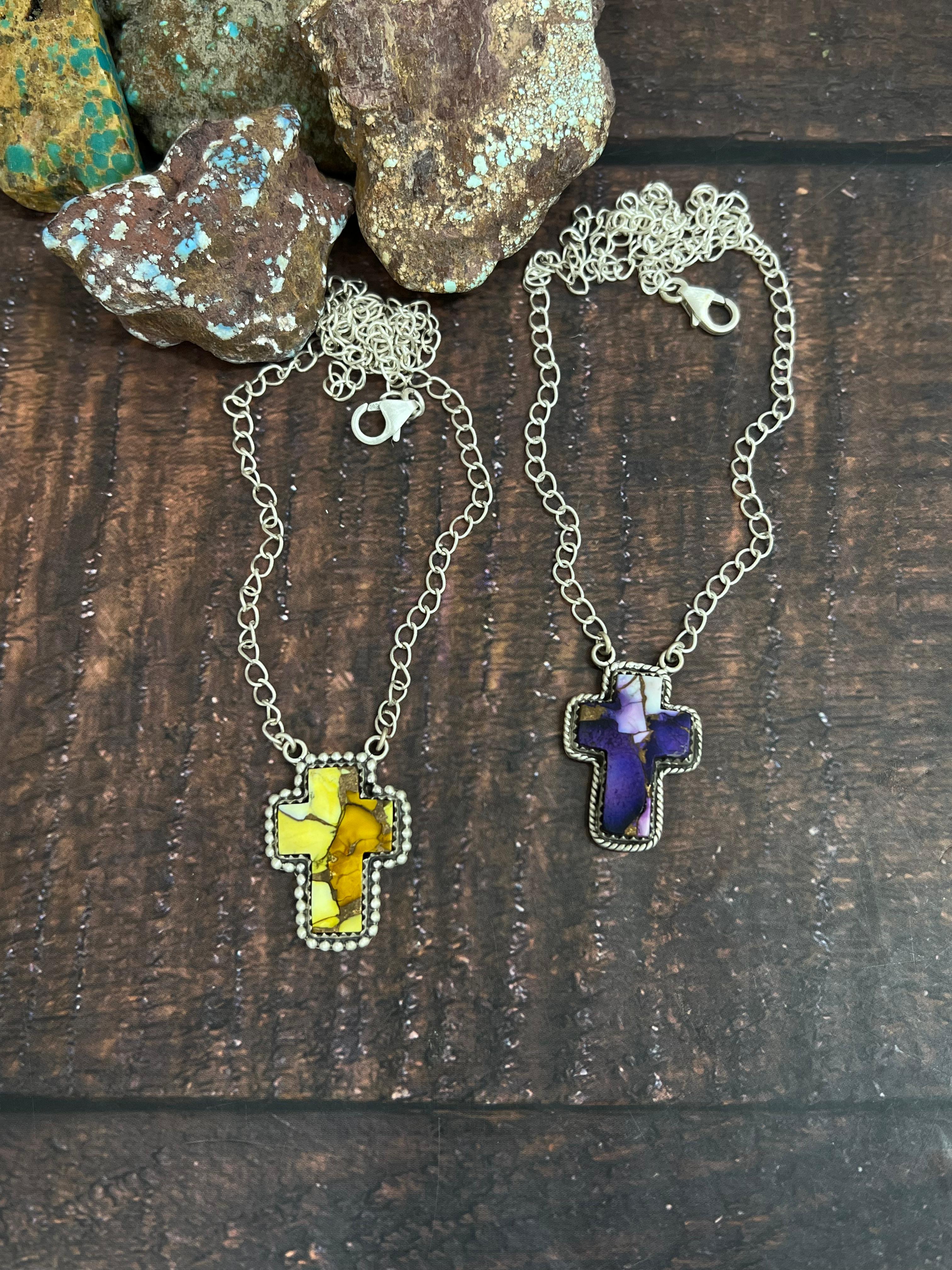 Handmade Sterling Silver Multi Gemstone Cross Necklace with Signed Nizhoni