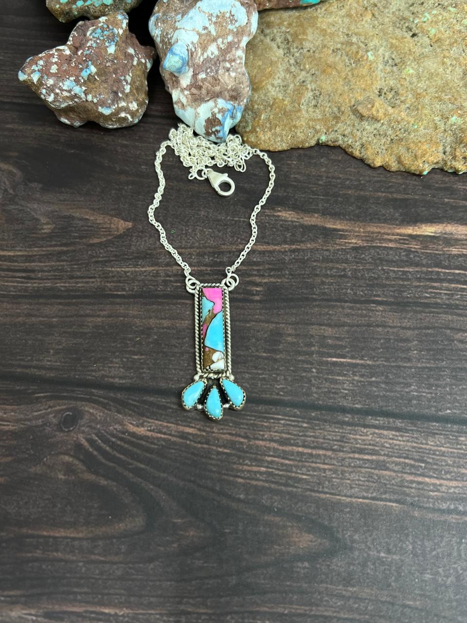 Handmade Sterling Silver Cotton Candy Turquoise Necklace with Signed Nizhoni