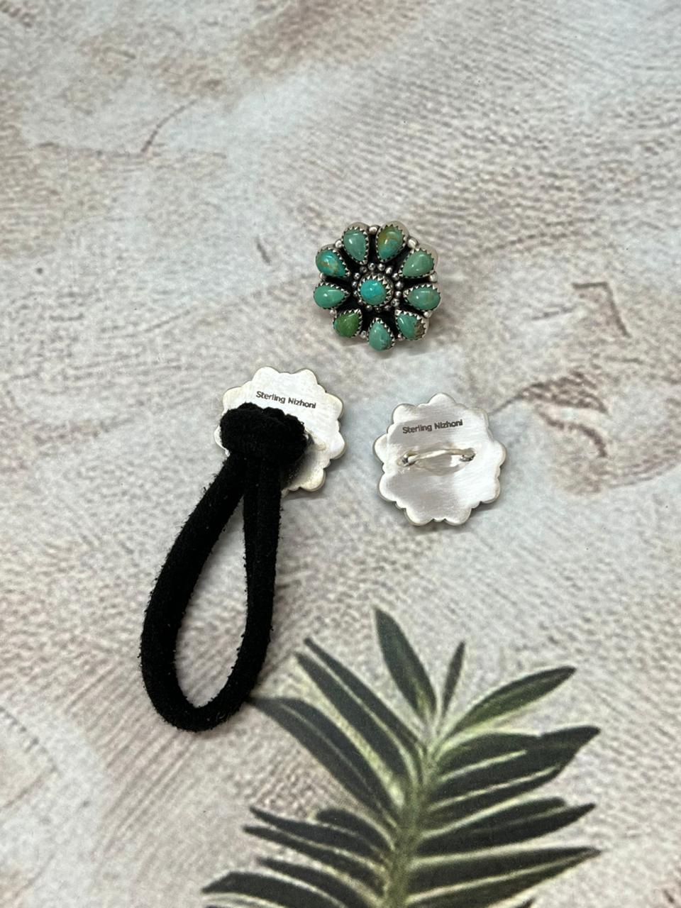 Handmade Sterling Silver Kingman Turquoise Hair Tie with Signed Nizhoni