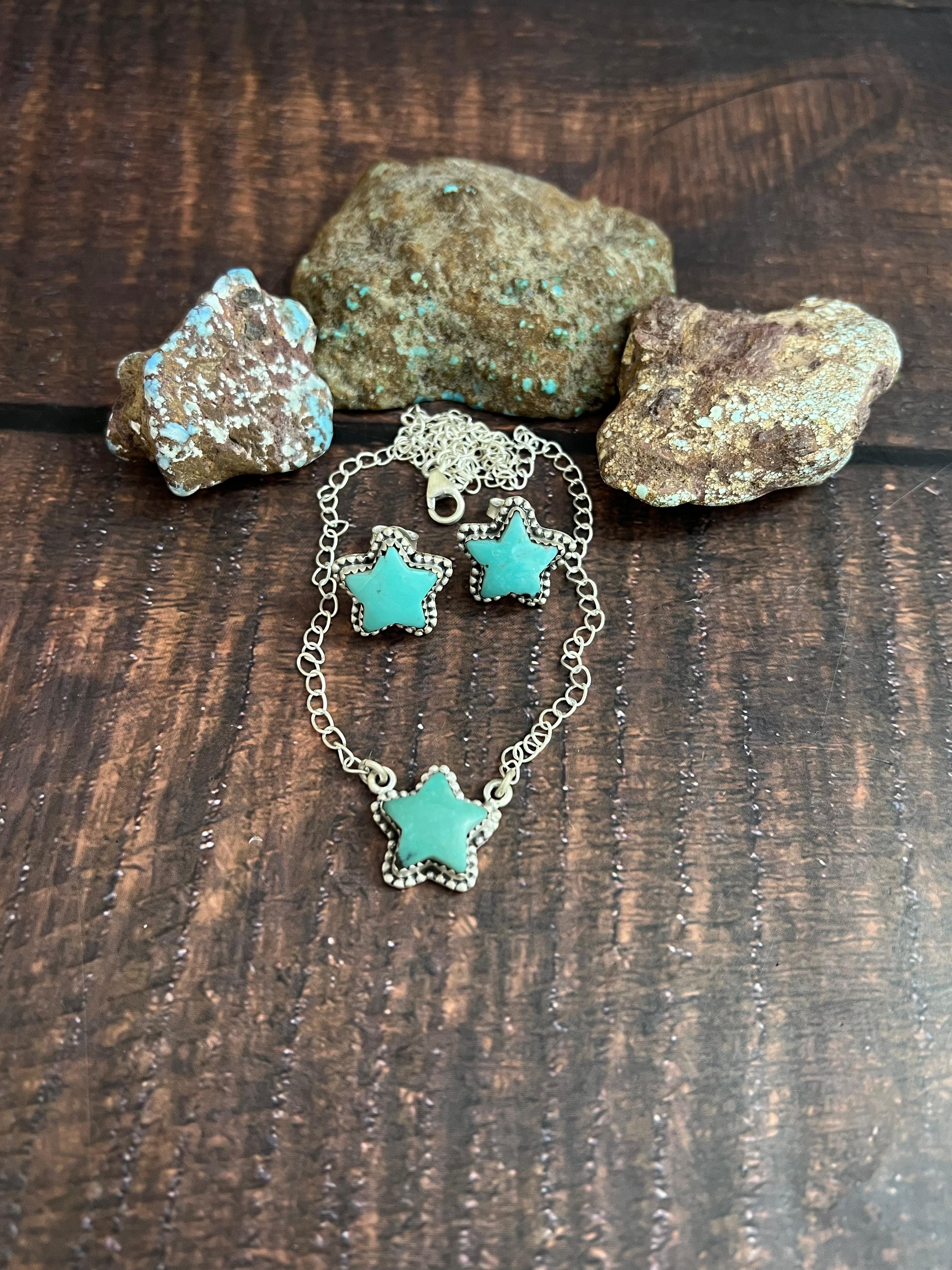 Handmade Sterling Silver Campitos Turquoise Star Necklace Earrings Set, Signed Nizhoni