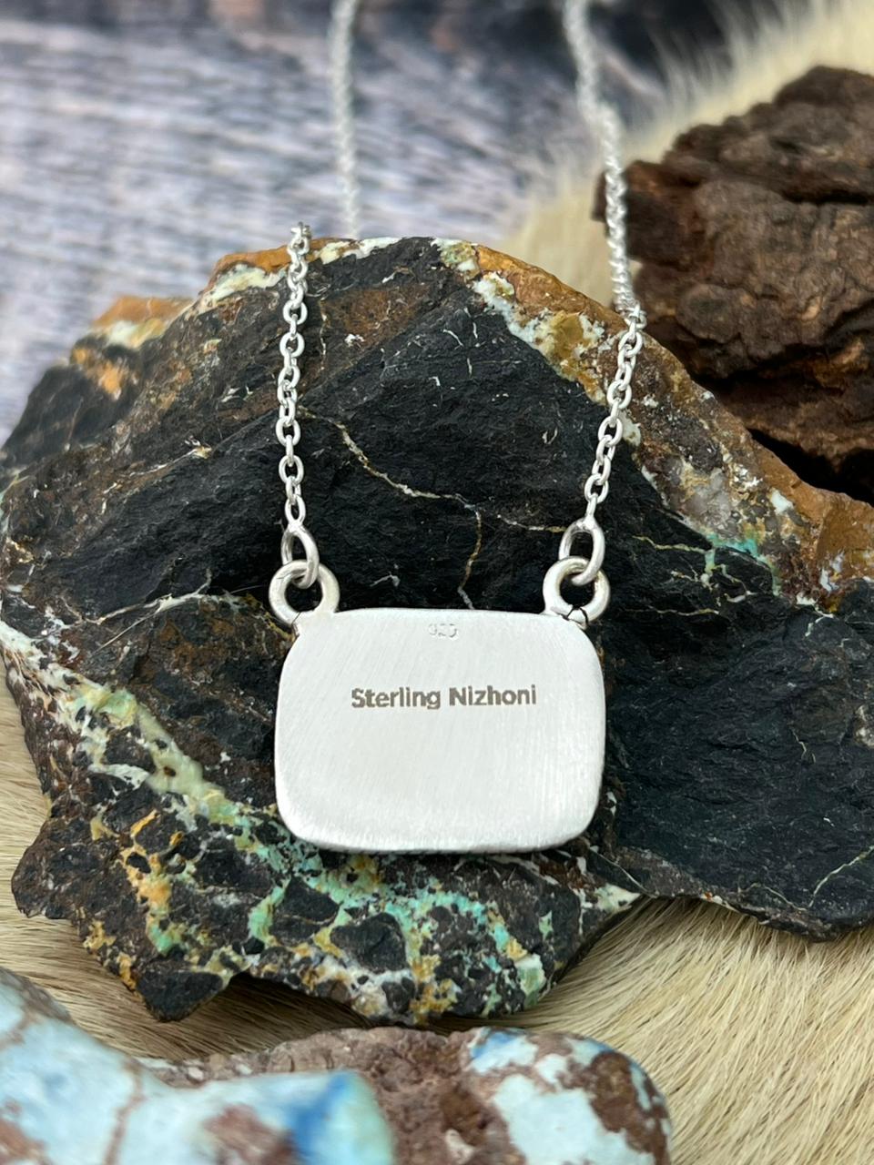 Handmade Sterling Silver Kingman Turquoise Bar Necklace "Signed Nizhoni"