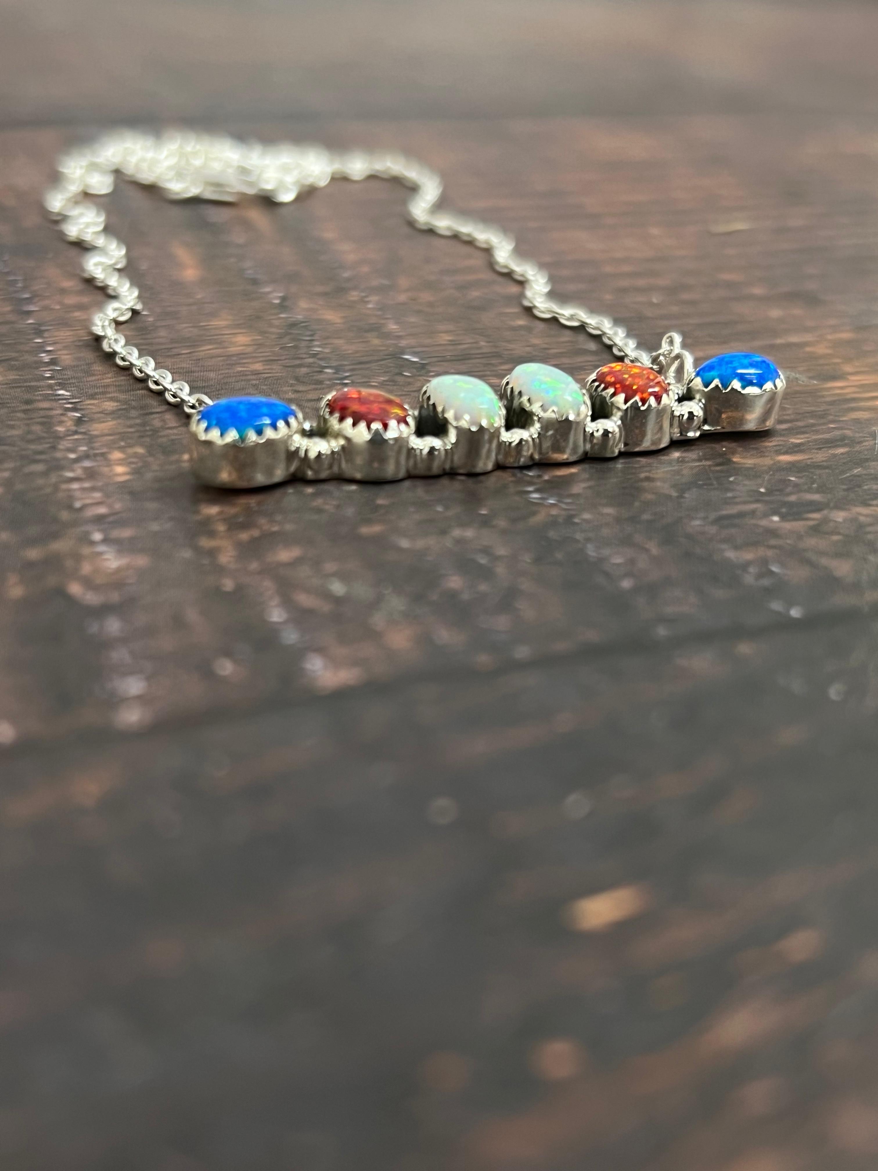 ** 4TH OF JULY ** Handmade Sterling Silver Synthetic Opal Necklace with Signed Nizhoni