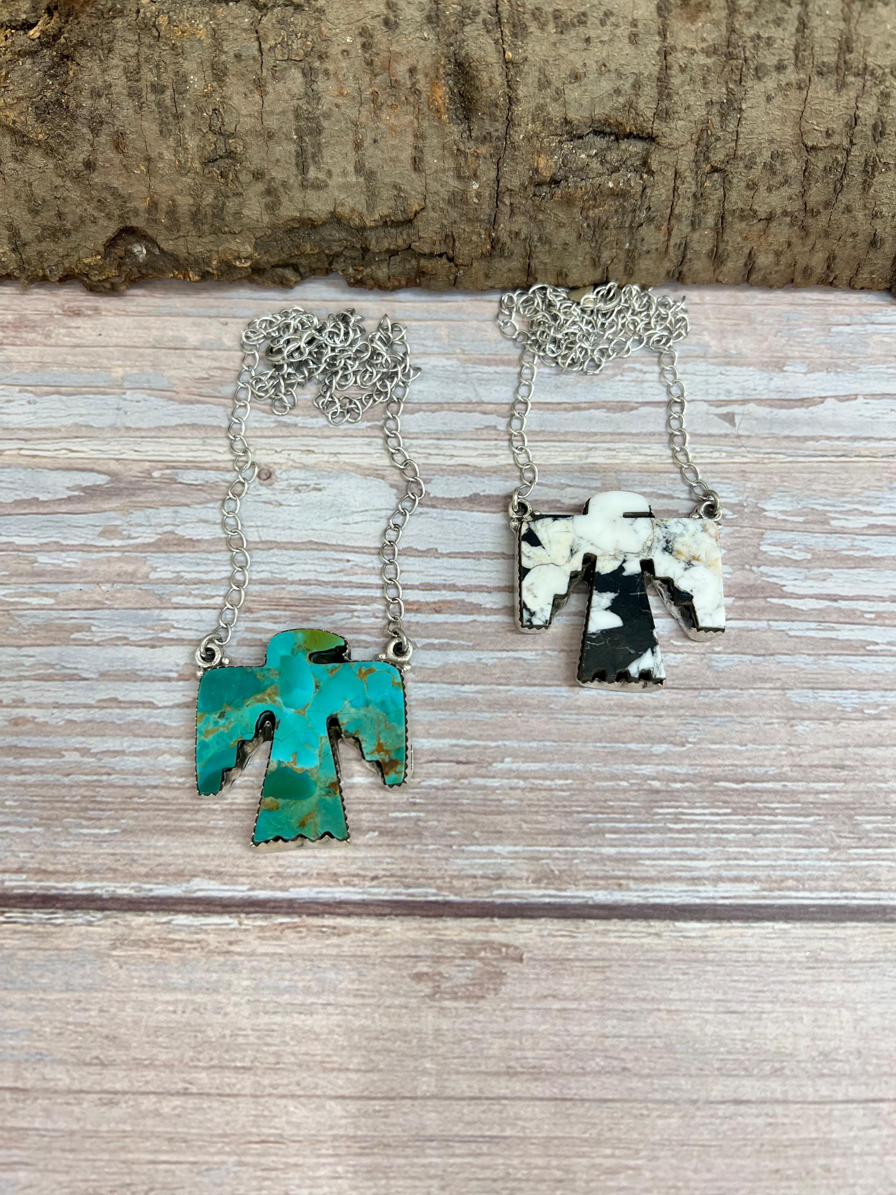 Handmade Sterling Silver White Buffalo, Kingman Turquoise Thunder Bird Necklace, Signed Nizhoni (2)