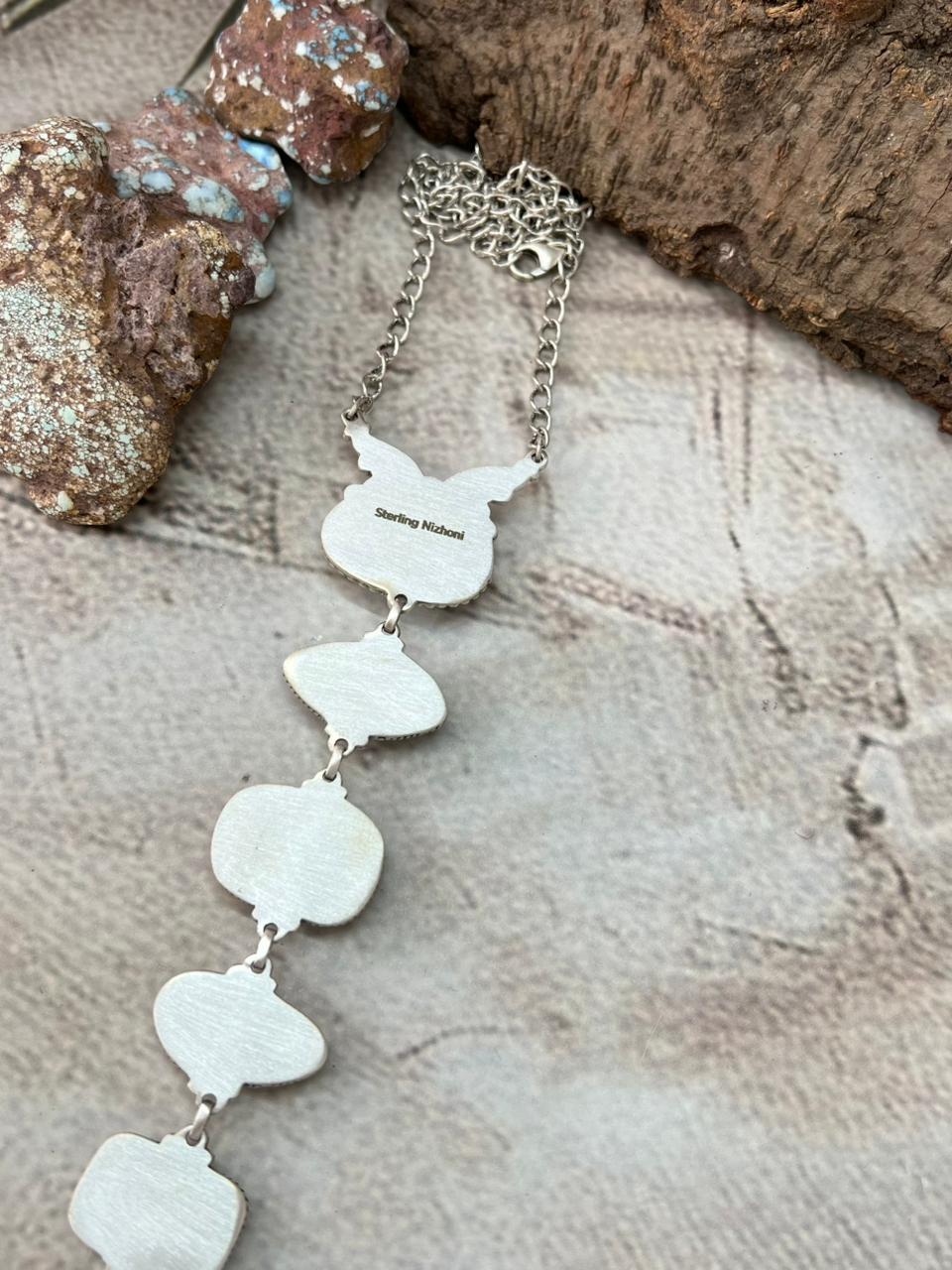 Handmade Sterling Silver Lander Turquoise Necklace with Signed Nizhoni