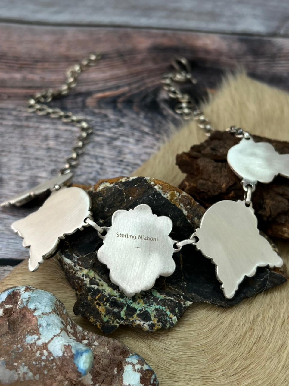 Handmade Sterling Silver Blackjack Turquoise Choker Necklace "Signed Nizhoni"