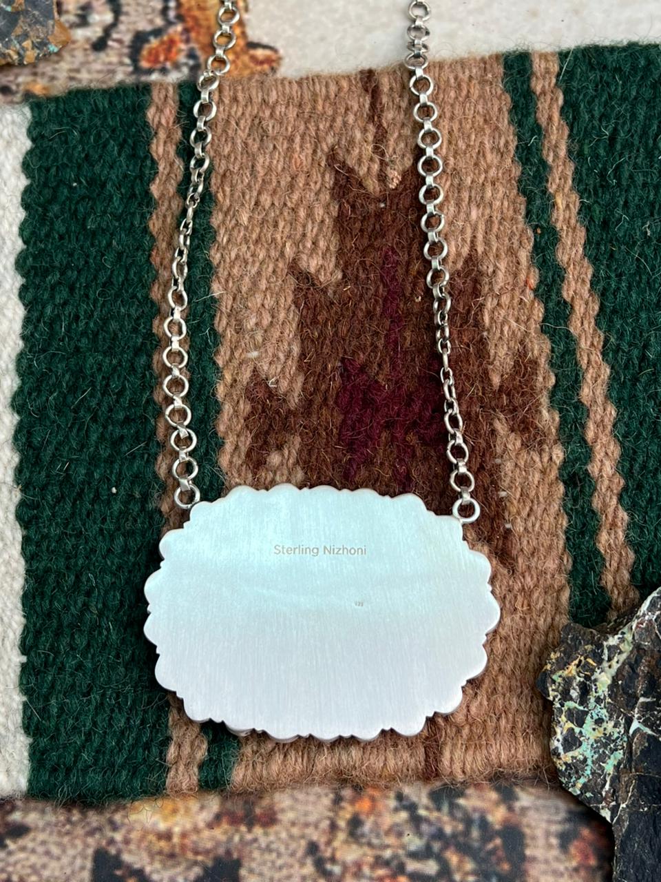Handmade Sterling Silver Dahlia Rose with Emerald Valley Turquoise Necklace "Signed Nizhoni"