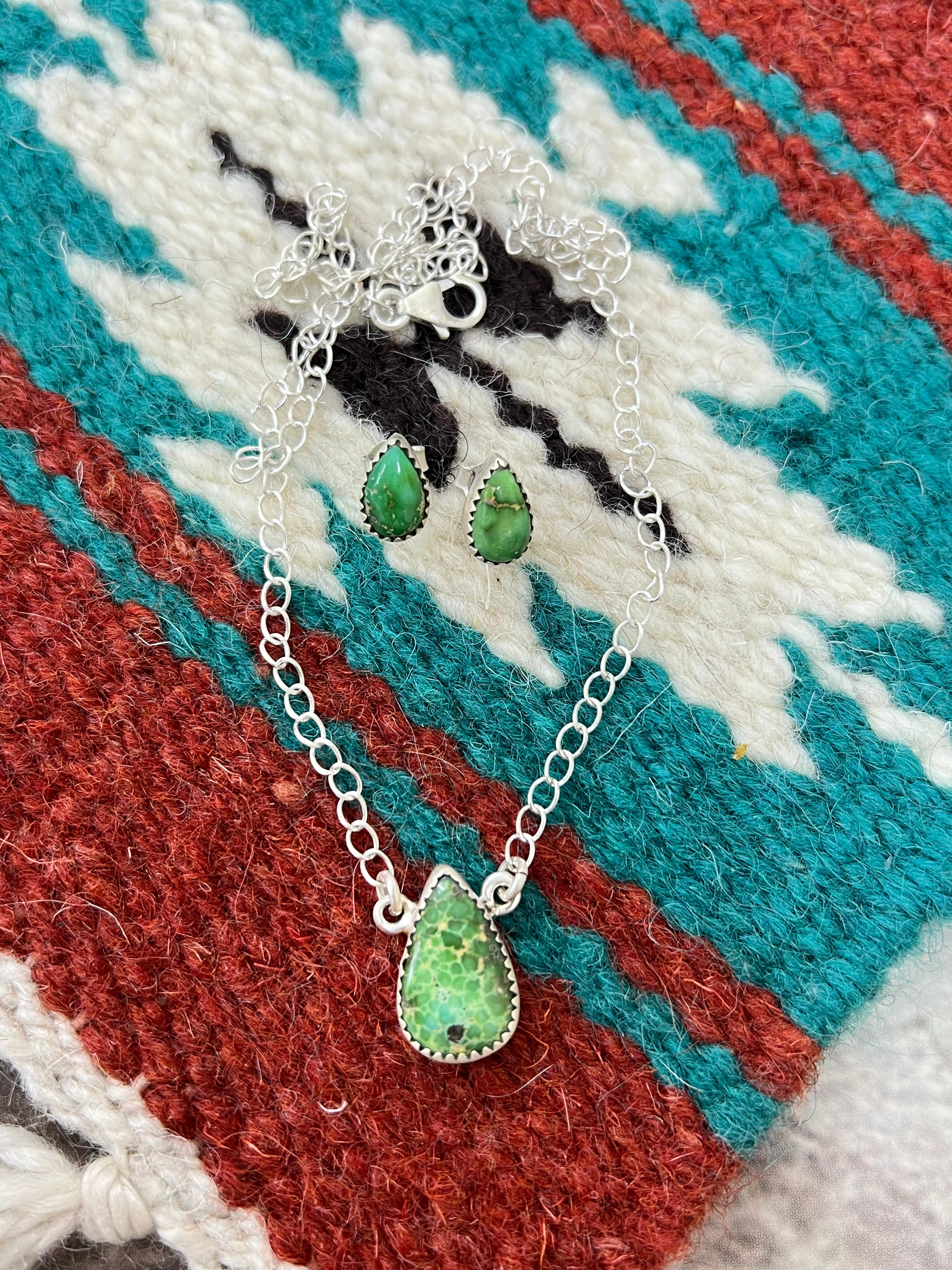 Handmade Sterling Silver Sonoran Mountain Turquoise Necklace Earrings Set with Signed Nizhoni
