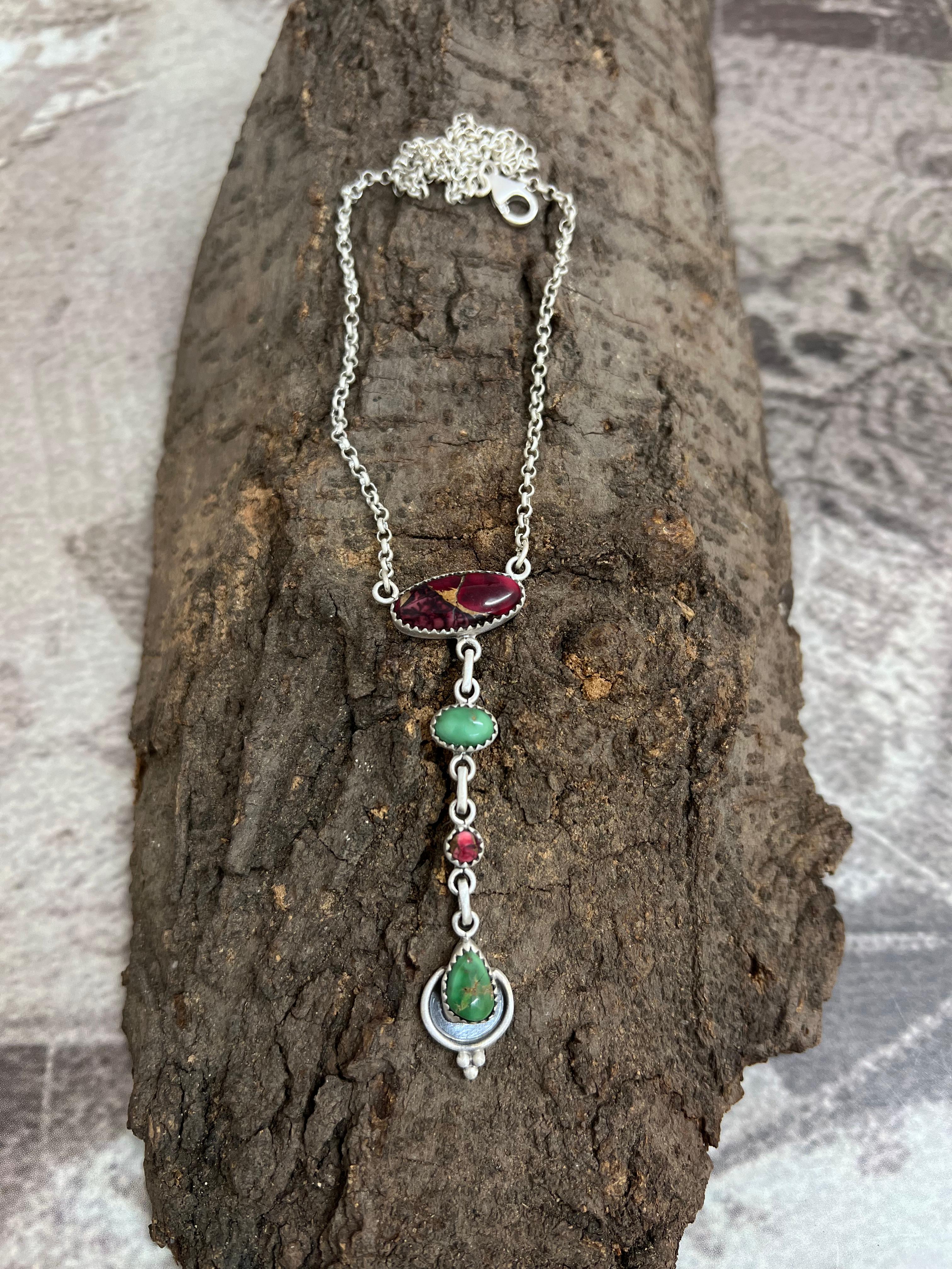 Handmade Sterling Silver Emerald Valley with Dahlia Rose Necklace with Signed Nizhoni