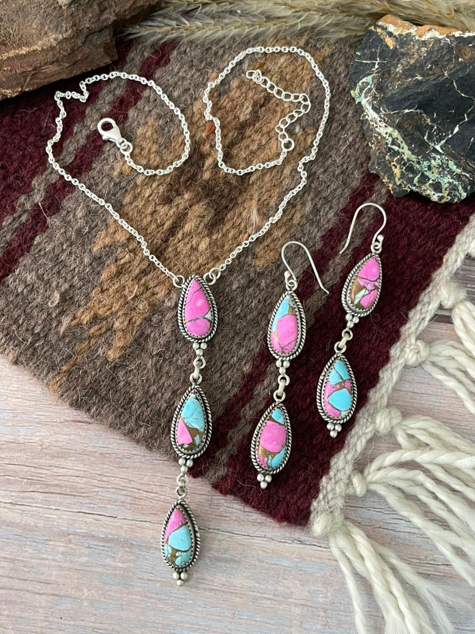 Handmade Sterling Silver Cotton Candy Necklace Earrings Set "Signed Nizhoni"