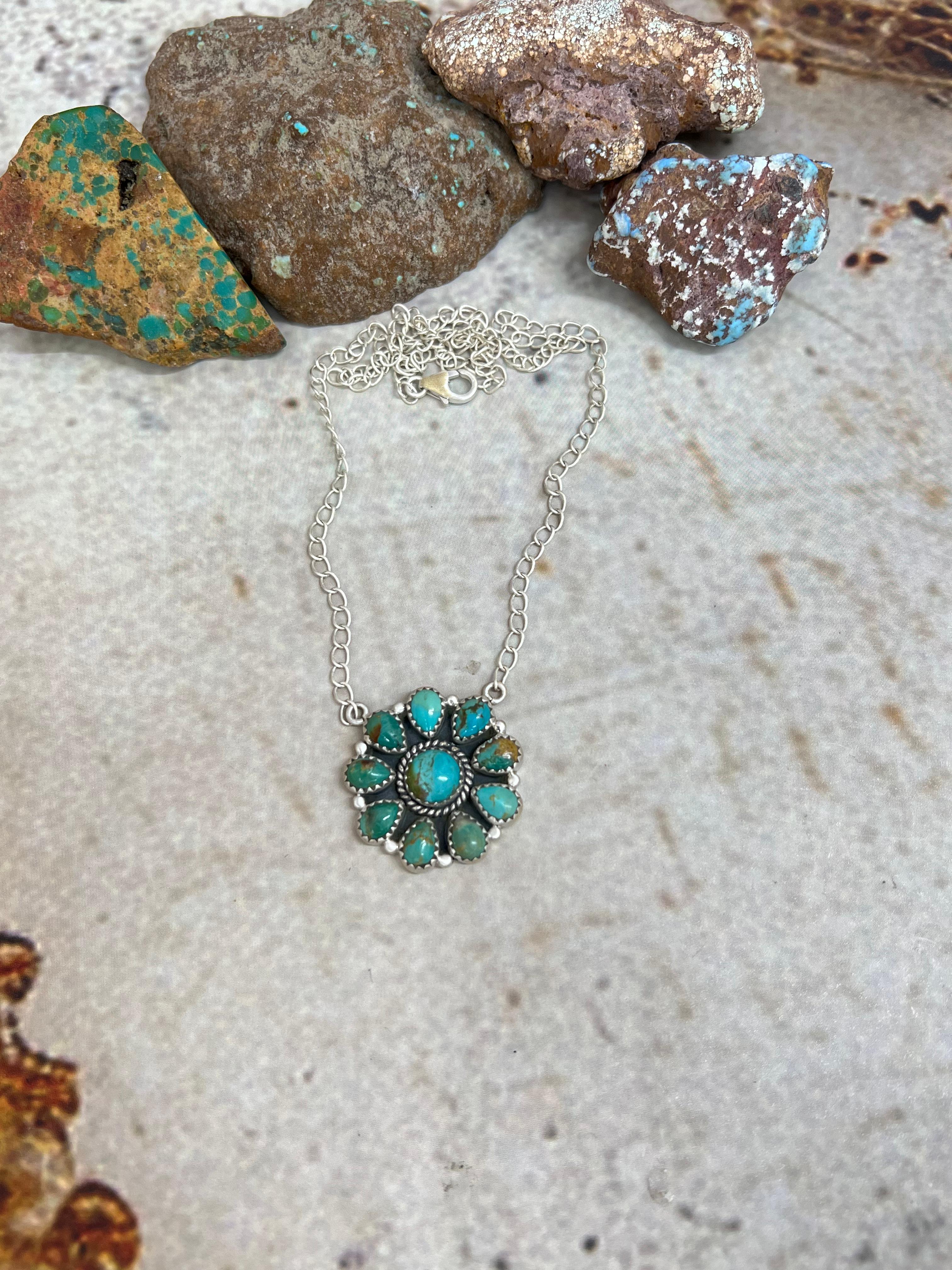 Handmade Sterling Silver Kingman Turquoise Necklace with Signed Nizhoni