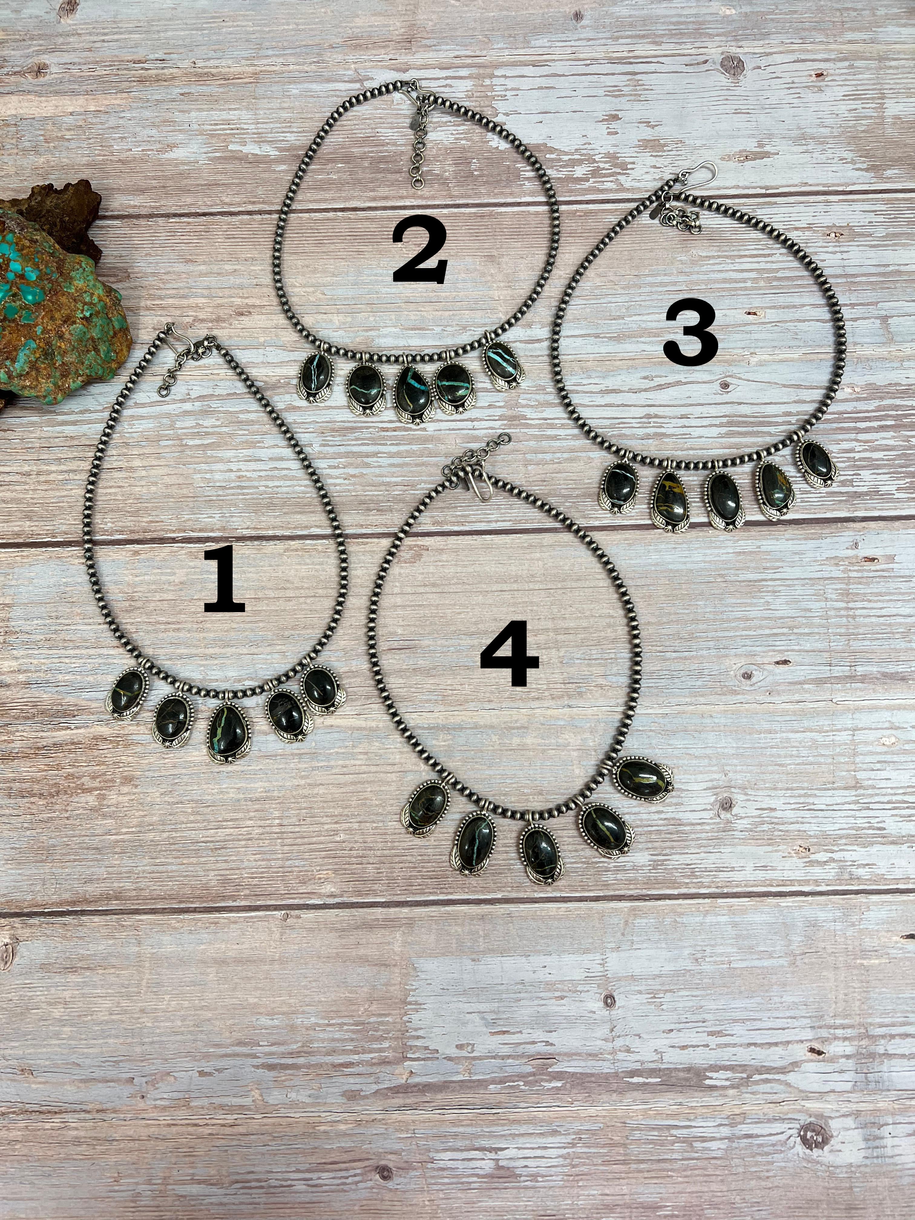 Handmade Sterling Silver Blackjack Turquoise Beaded Necklace with Signed Nizhoni