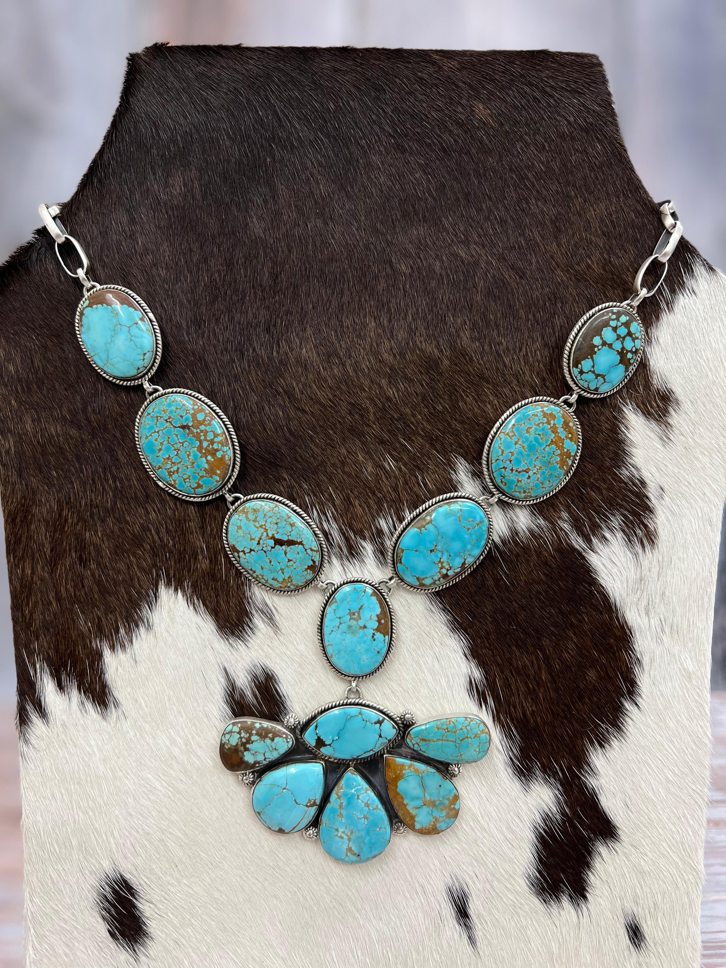 Handmade Sterling Silver Number 8 Turquoise Necklace with Signed Nizhoni