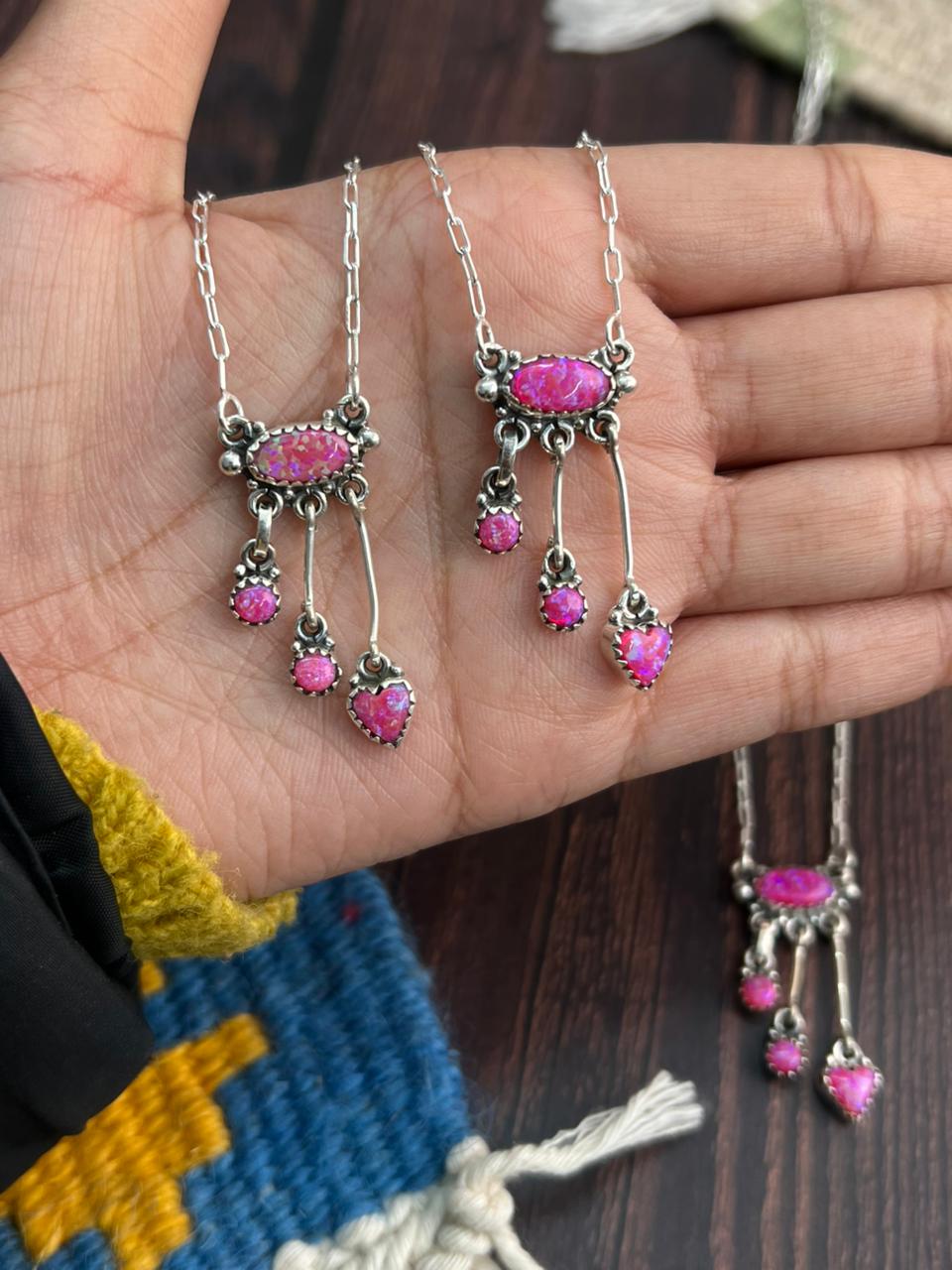 "Heart Collection" Handmade Sterling Silver Hot Pink Necklace "Signed Nizhoni"