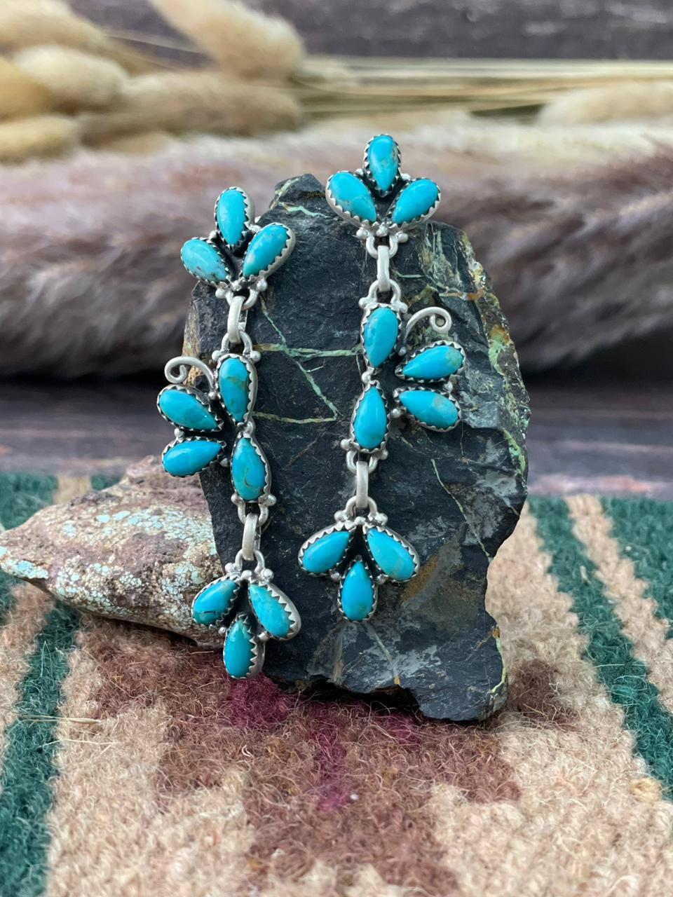 Handmade Sterling Silver Kingman Turquoise Post Dangle Earrings "Signed Nizhoni"