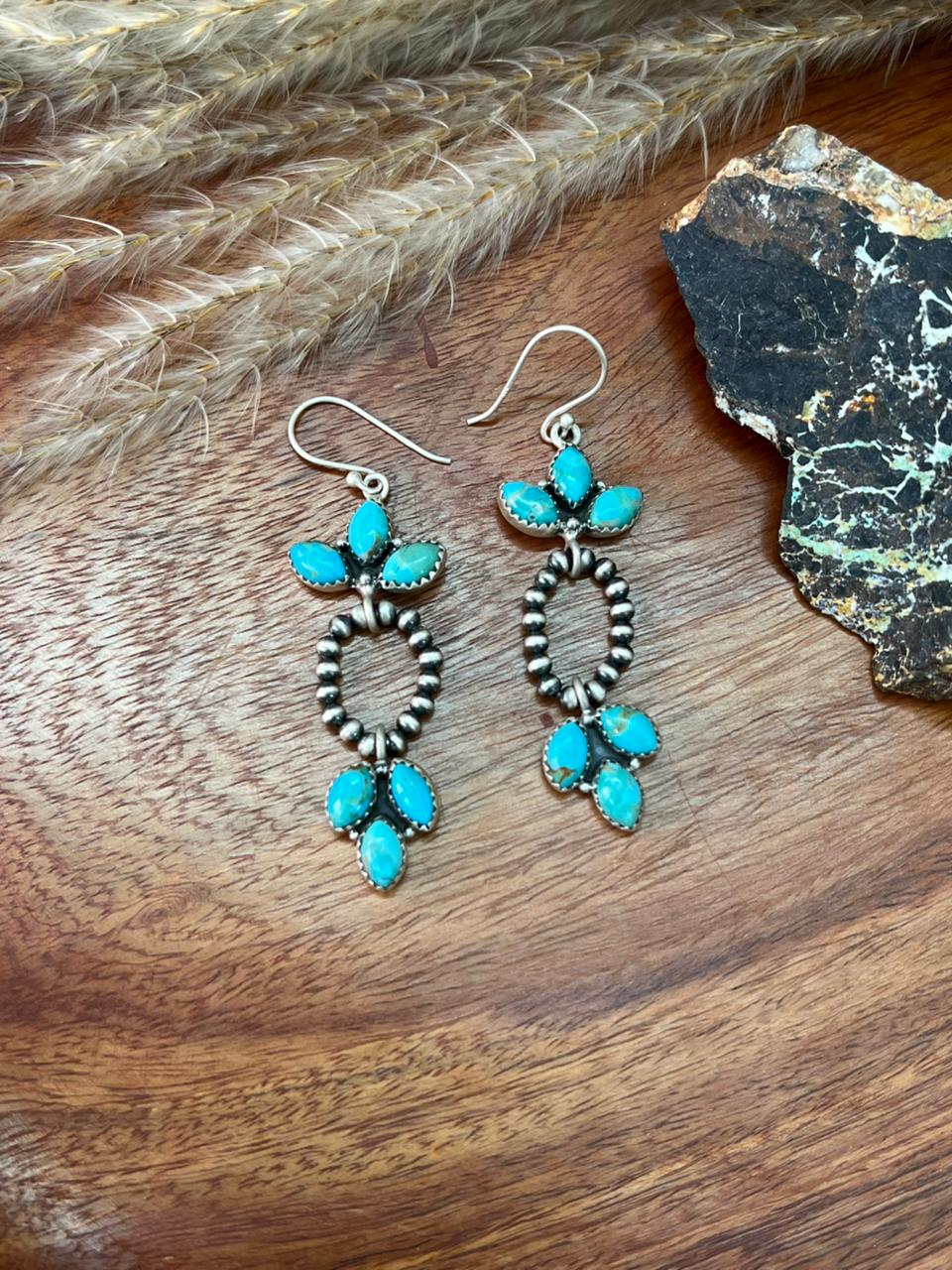 Handmade Sterling Silver Kingman Turquoise Hook Dangle Beaded Earrings "Signed Nizhoni"