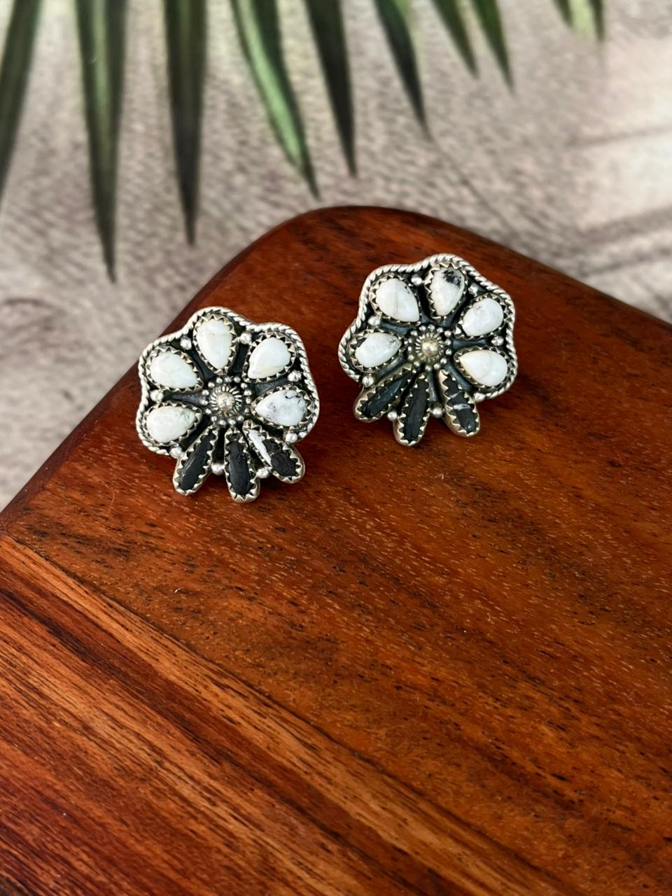 Handmade Sterling Silver White Buffalo Post Studs Earrings "Signed Nizhoni"