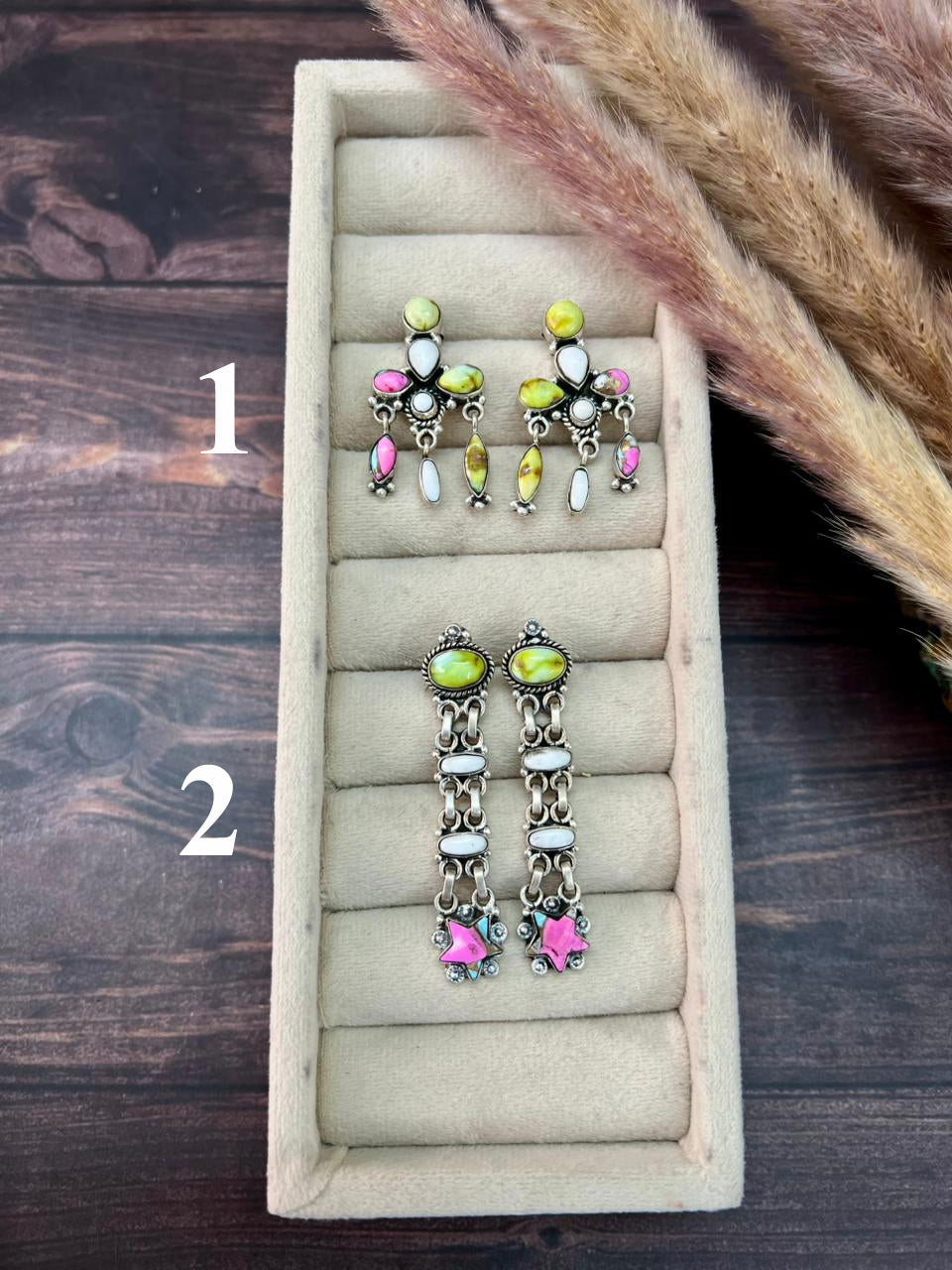 Handmade Sterling Silver Spring Collection: Palomino Turquoise with Cotton Candy and White Buffalo Post Dangle Earrings "Signed Nizhoni"