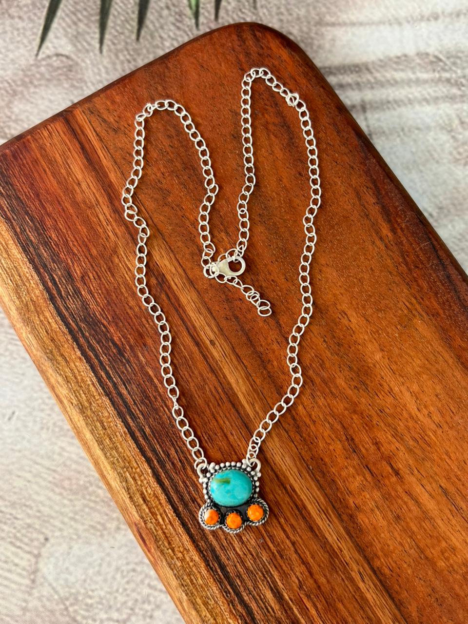 Handmade Sterling Silver Kingman Turquoise with Bumblebee Necklace "Signed Nizhoni"
