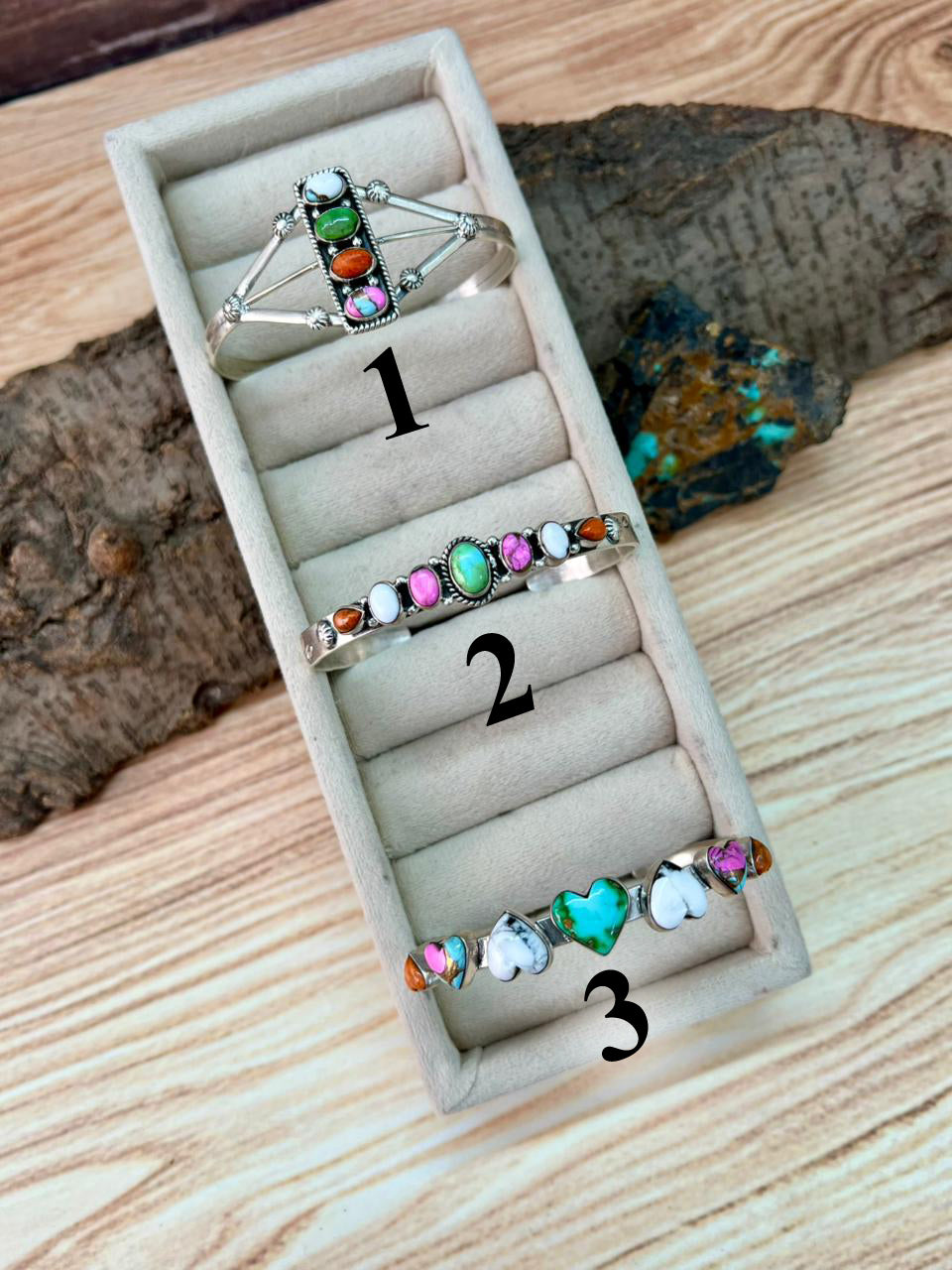 Handmade Sterling Silver Spring Collection: Sonoran Mountain Turquoise with Orange Mojave, Cotton Candy and White Buffalo Cuff Bracelet "Signed Nizhoni"