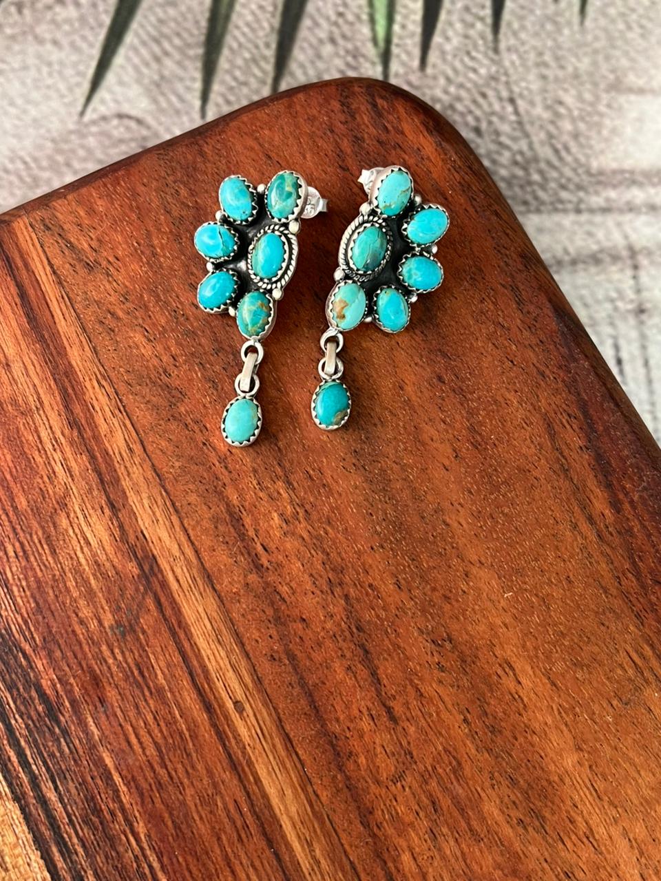 Handmade Sterling Silver Kingman Turquoise Post Dangle Earrings "Signed Nizhoni"