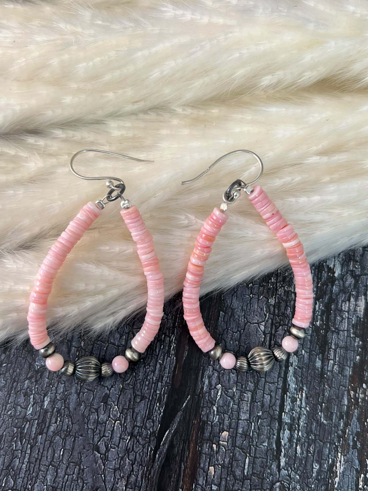 Handmade Sterling Silver Queen Pink Conch Collection: Beaded Hook Dangle Earrings