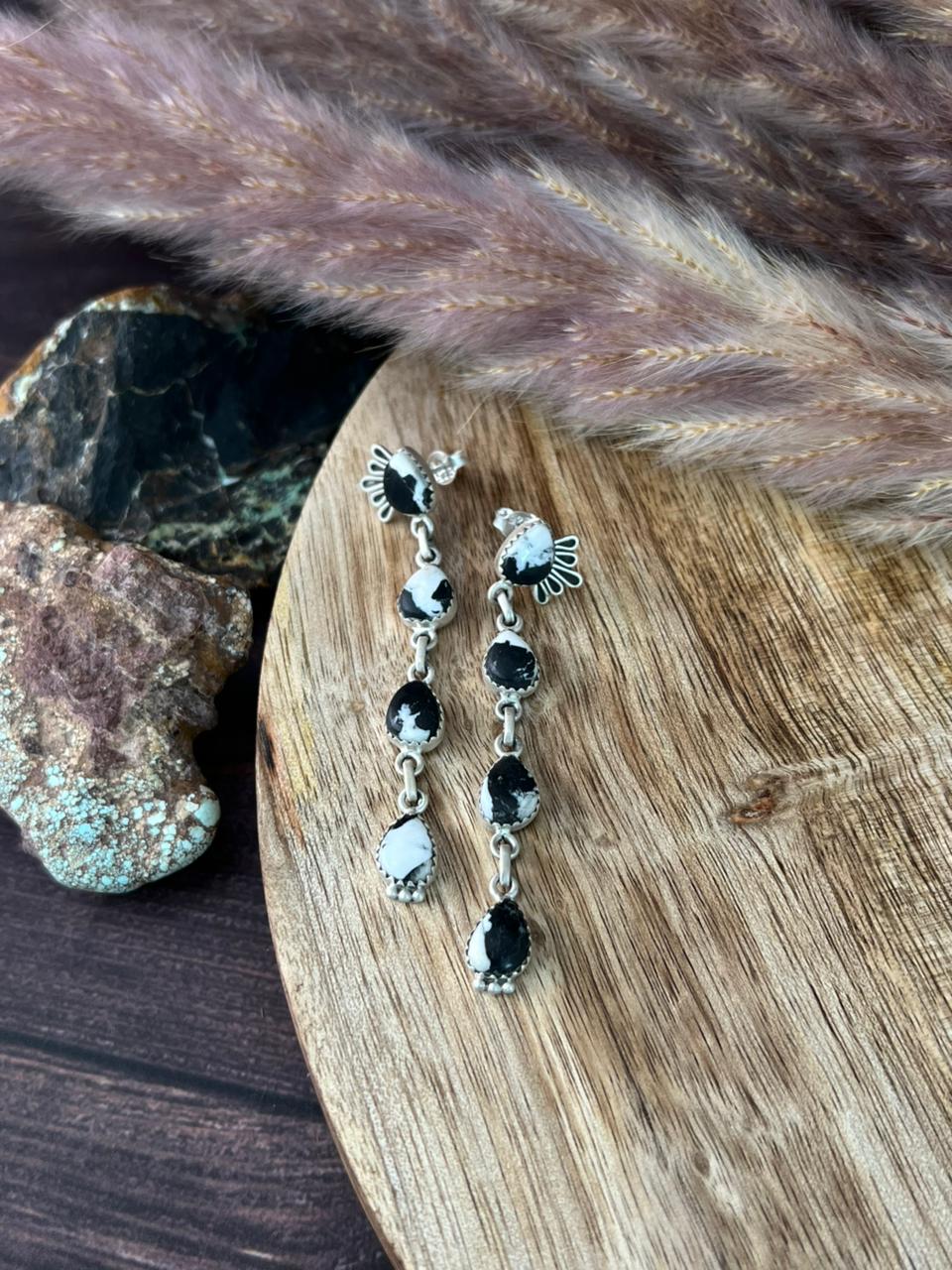 Handmade Sterling Silver White Buffalo Post Dangle Earrings "Signed Nizhoni"
