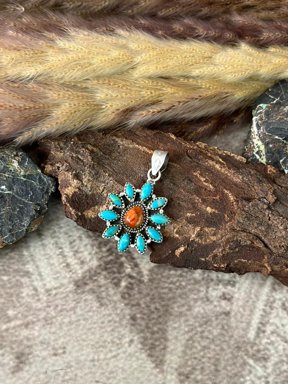 Handmade Sterling Silver Kingman with Orange Mojave Pendant "Signed Nizhoni"