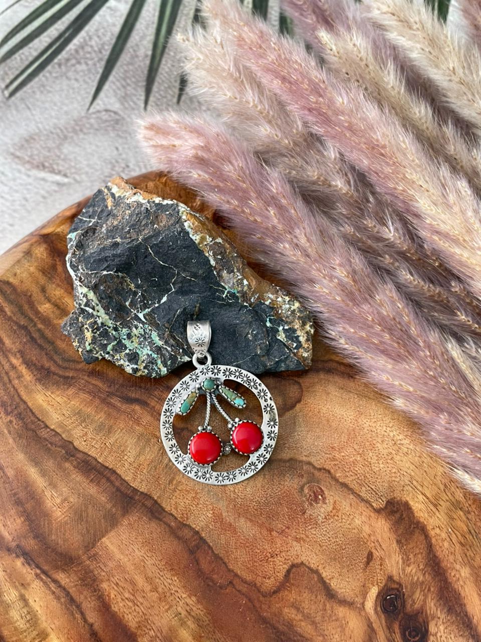 Handmade Sterling Silver Kingman Turquoise with Rosarita Cherry Pendant "Signed Nizhoni"