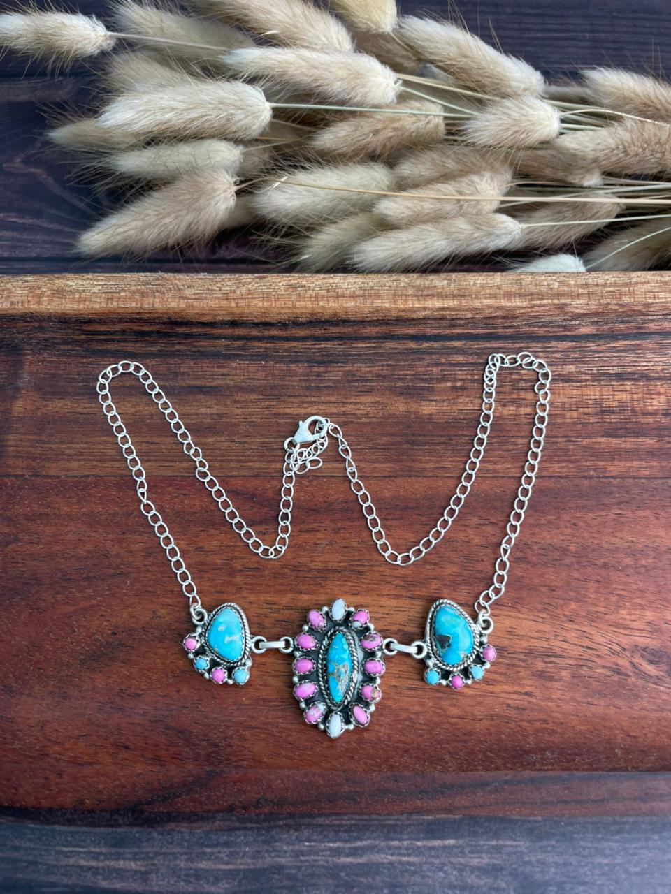 Handmade Sterling Silver Sierra Bella Turquoise with Cotton Candy Collection: Necklace "Signed Nizhoni"